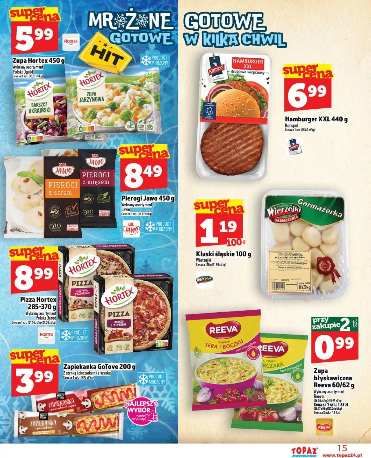Topaz Gazetka - Express od 02.10.2025 | Strona: 15 | Produkty: Barszcz, Hamburger, Pierogi, Kluski śląskie