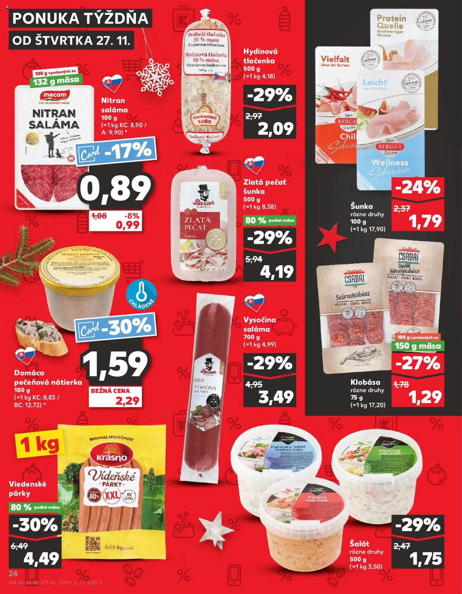 Nové Kaufland akcie – leták je platný od 27.11.2025 | Strana: 24 | Produkty: Šunka, Klobása, Protein, Párky