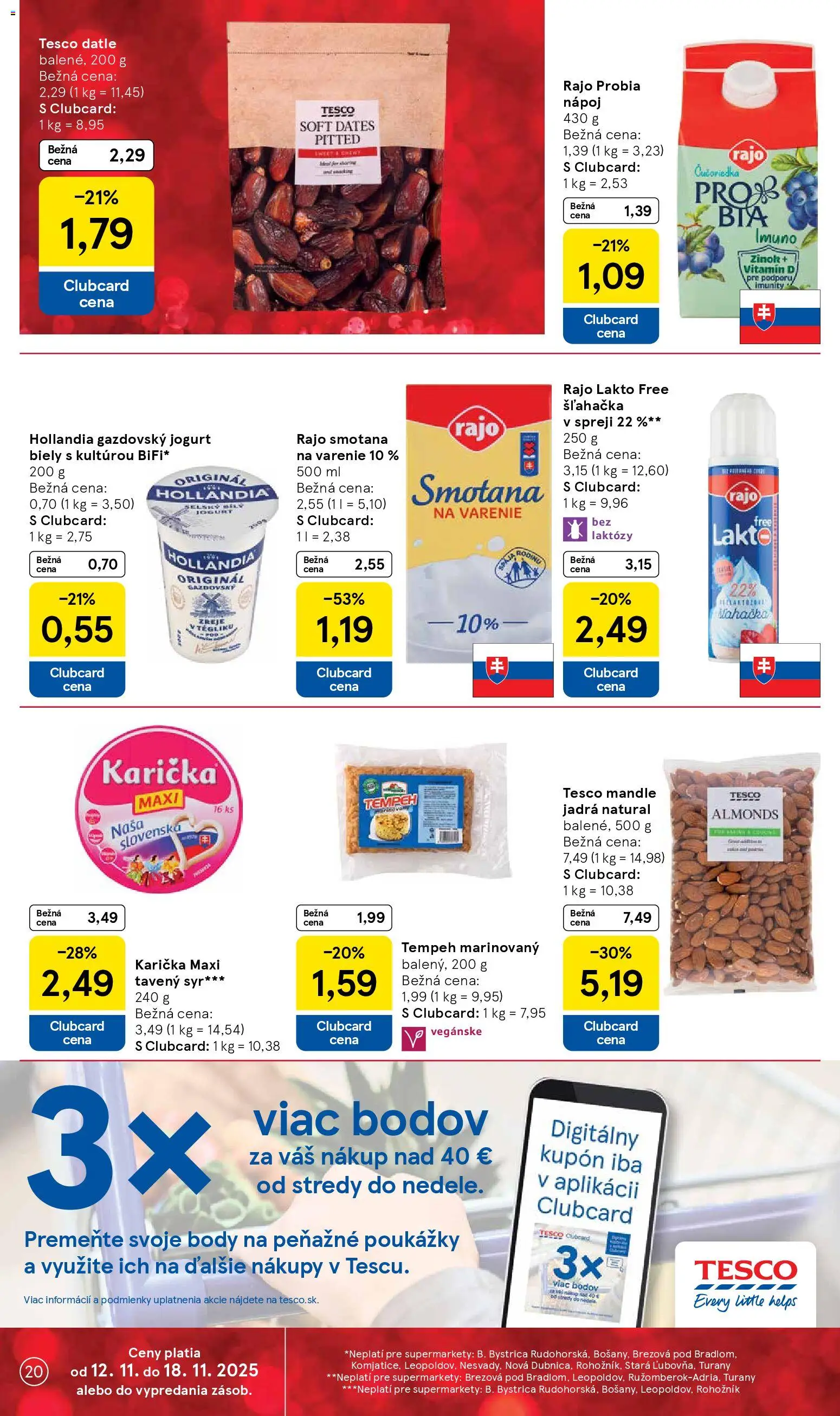 Nové Tesco akcie – leták je platný od 12.11.2025 | Strana: 20 | Produkty: Syr, Jogurt, Mandle, Šľahačka