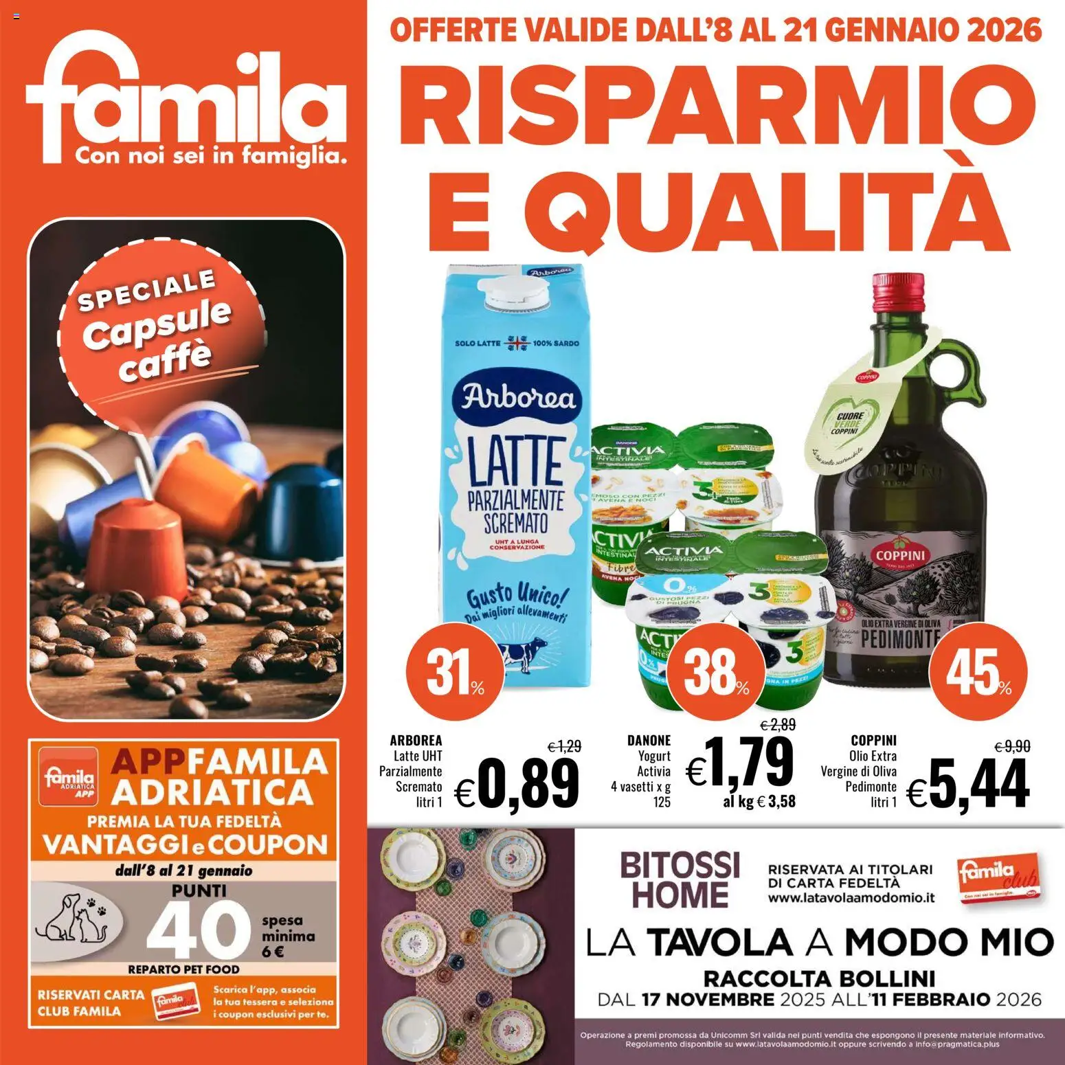 Volantino Famila del 08.01.2026 | Pagina: 1 | Prodotti: Yogurt, Caffè, Latte, Olio