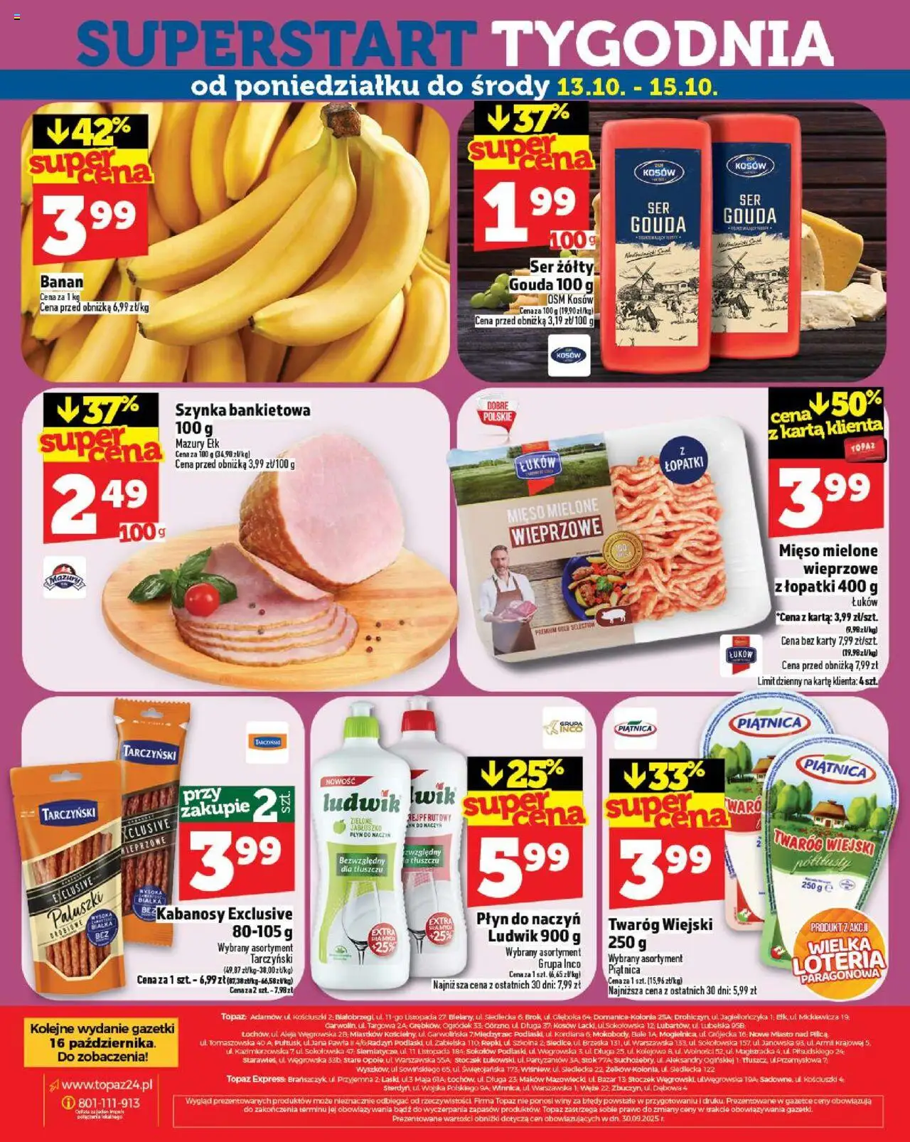 Topaz Gazetka od 09.10.2025 | Strona: 28 | Produkty: Ser żółty, Szynka, Banan, Twaróg