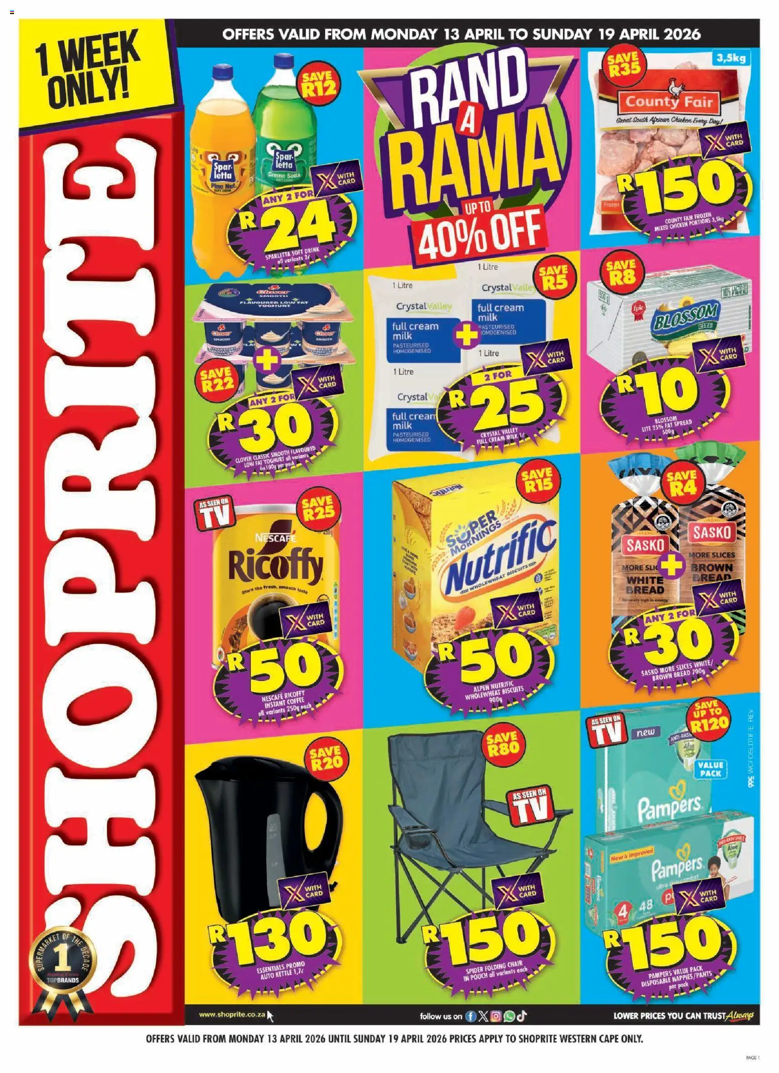 New Shoprite catalogue – valid from 13.04.2026 | Page: 1 | Products: Kettle, Yoghurt, Fat spread, Nappies