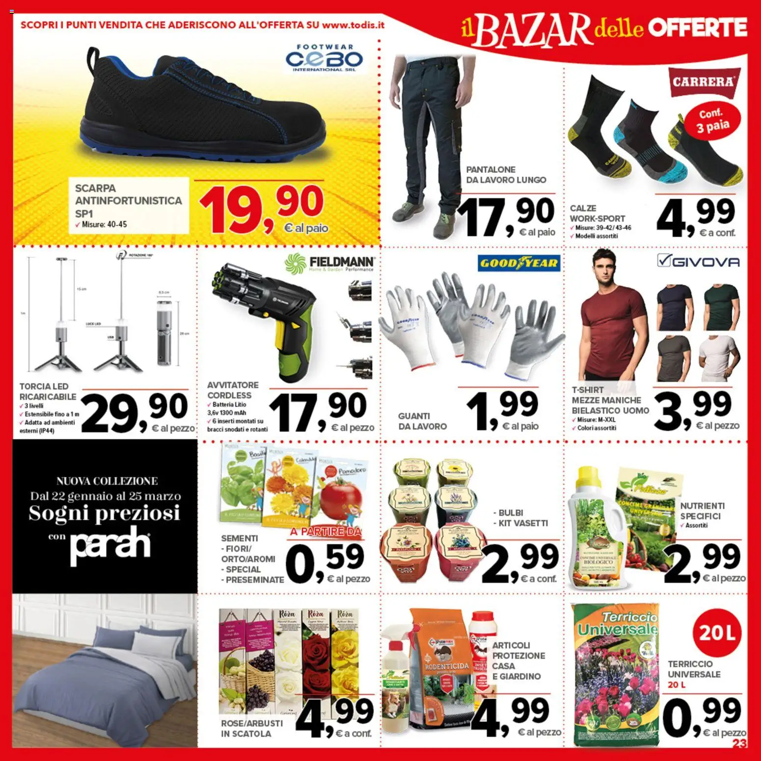 Volantino Todis del 19.02.2026 | Pagina: 23 | Prodotti: Guanti, Terriccio, Scatola, Batteria