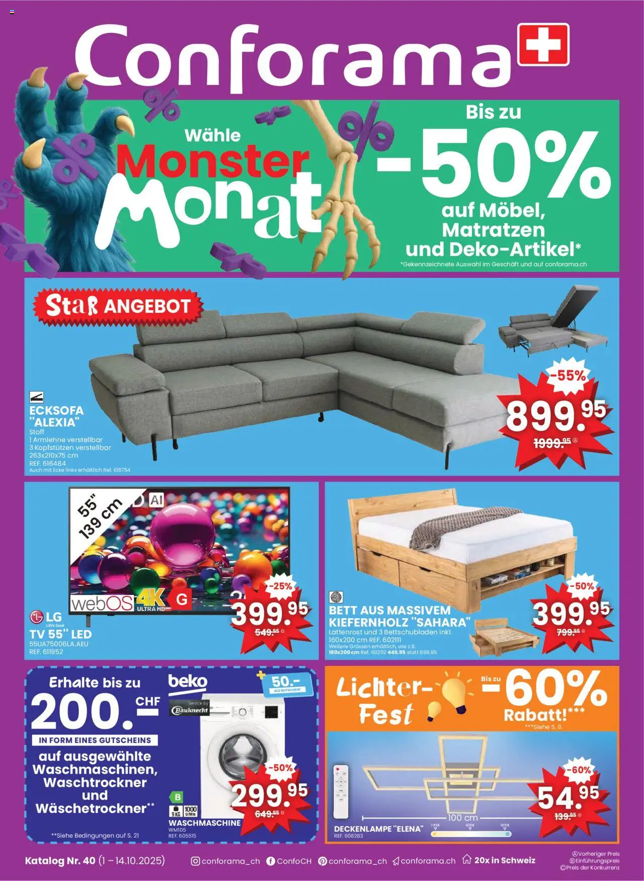 Conforama Aktionen – gültig ab 01.10.2025 | Seite: 1 | Produkte: Waschtrockner, TV, Ecksofa, Waschmaschine