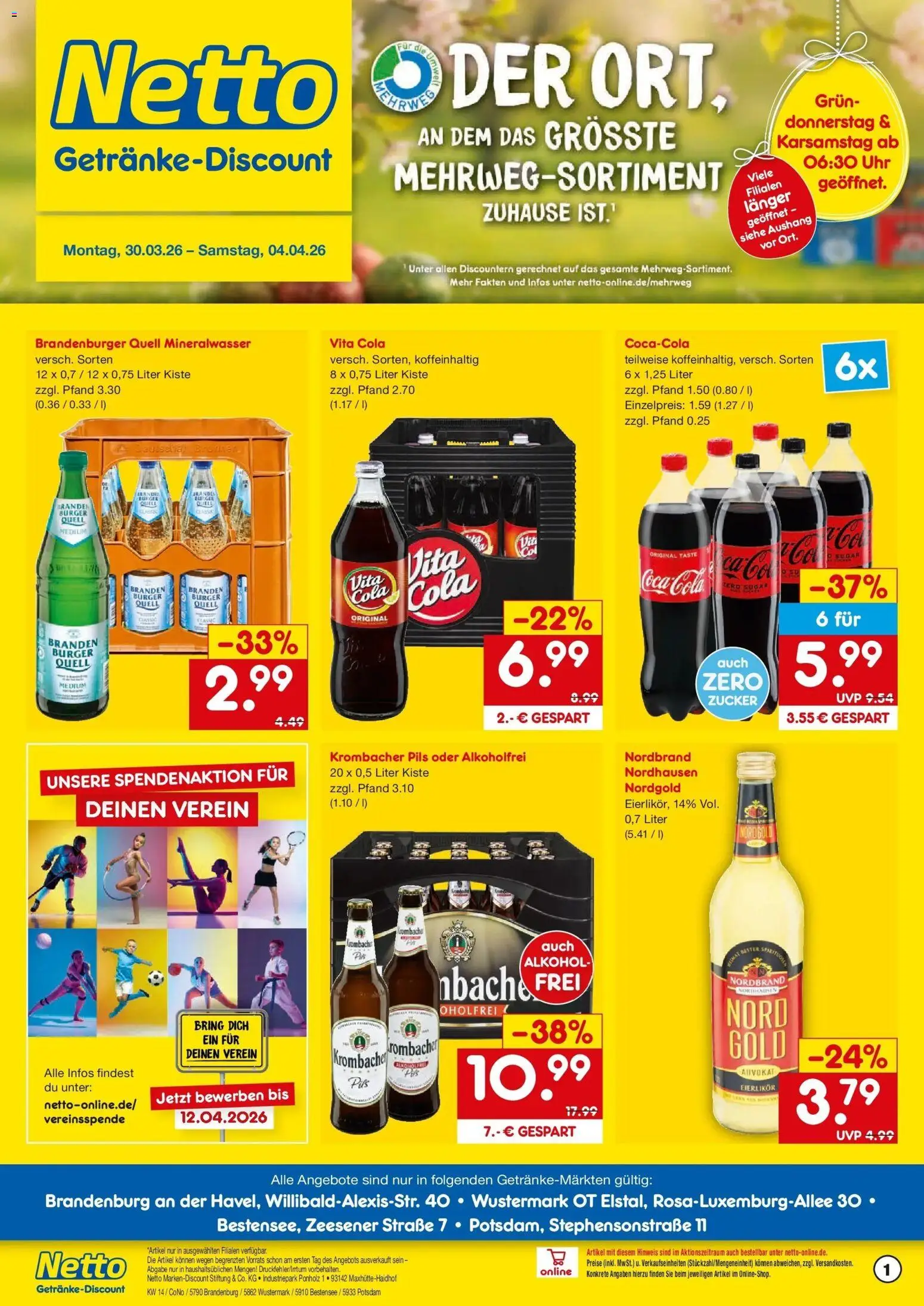 Netto Marken-Discount Prospekt Potsdam	 – gültig ab 29.03.2026 | Seite: 1 | Produkte: Burger, Mineralwasser, Vita cola, Uhr