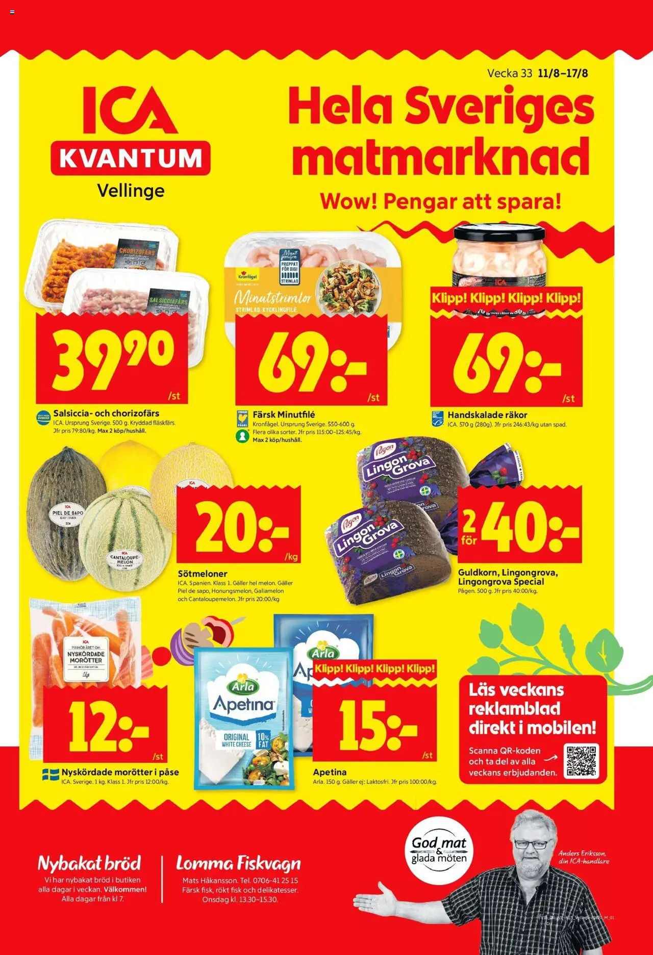 ICA Kvantum reklamblad aktuell från 11.08.2025 | Sida: 1 | Produkter: Cantaloupe, Kycklingfile, Räkor, Bröd
