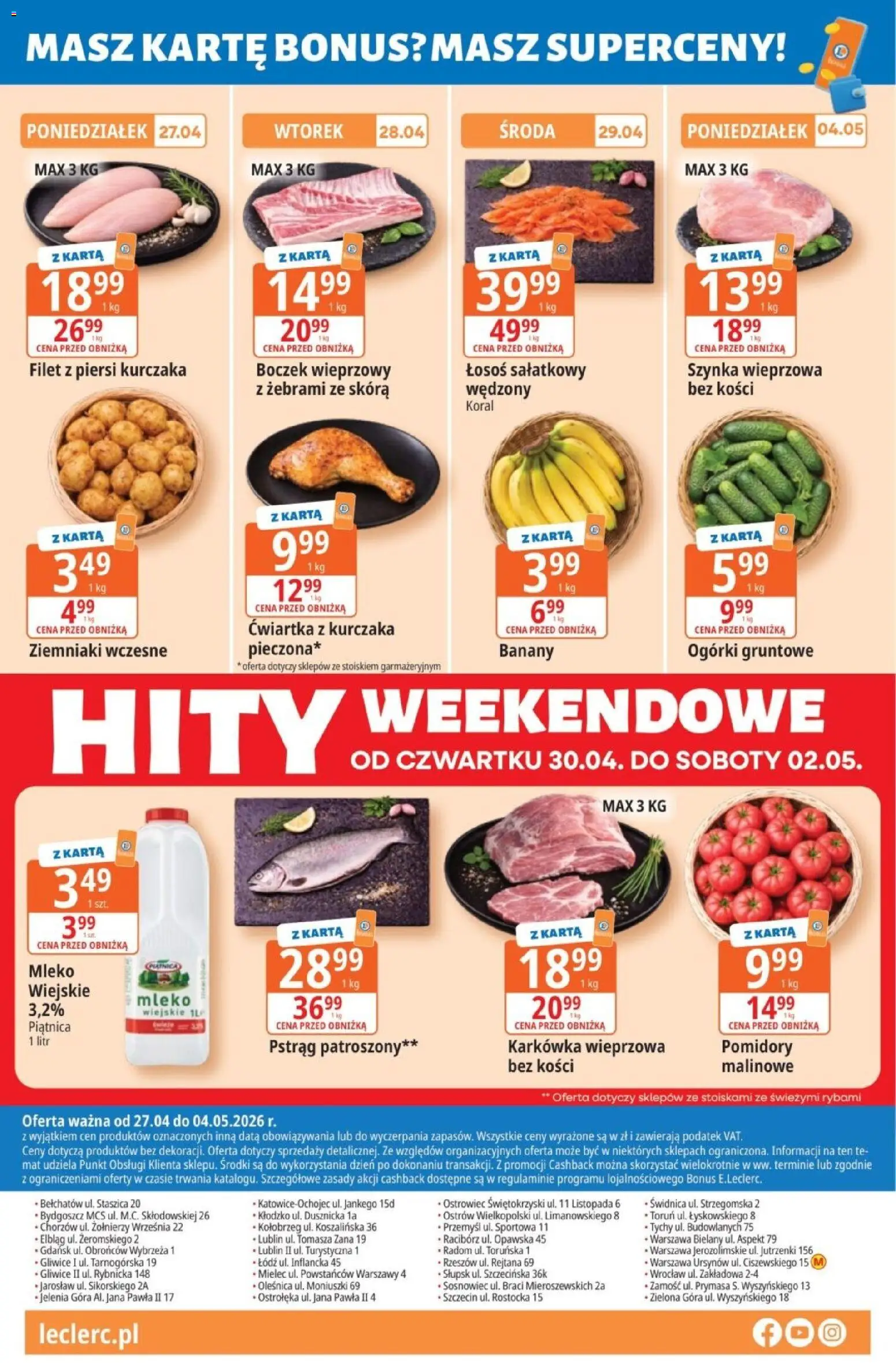 E.Leclerc gazetka od 27.04.2026 | Strona: 8 | Produkty: Szynka wieprzowa, Boczek, Banany, Ziemniaki
