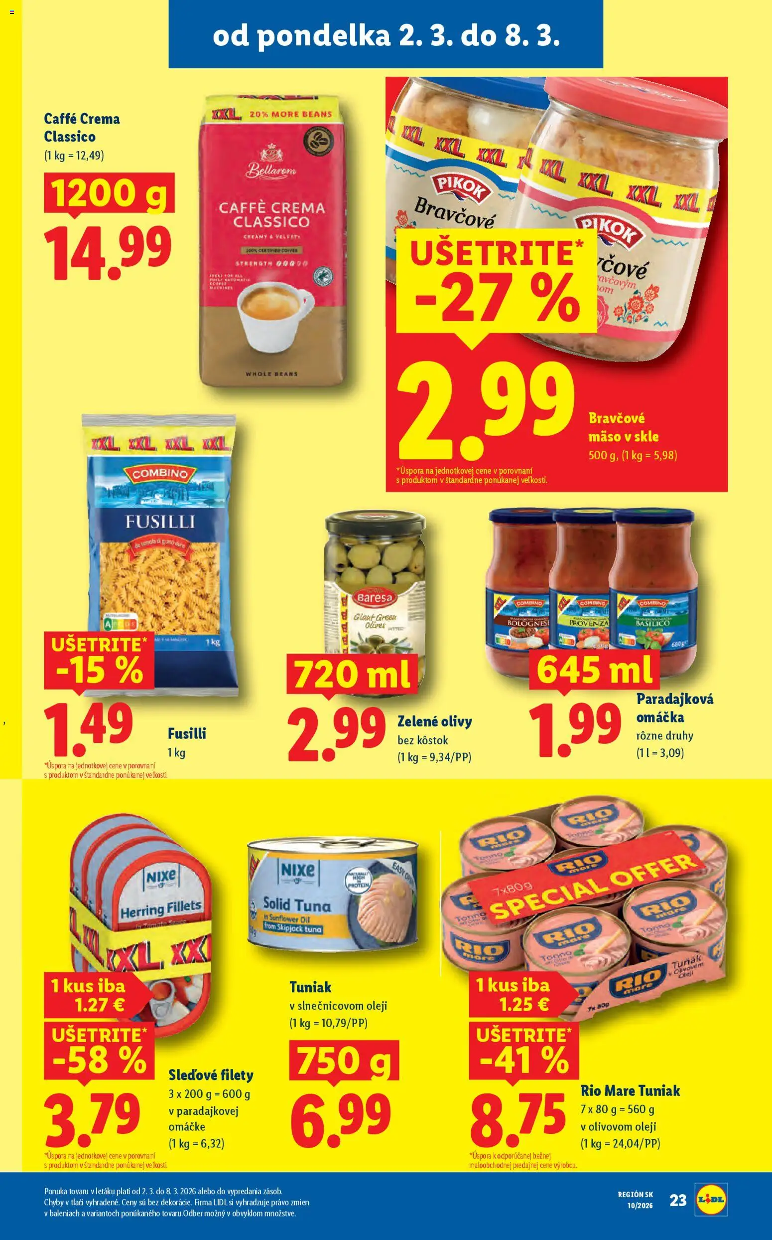 Nové Lidl akcie – leták je platný od 02.03.2026 | Strana: 25 | Produkty: Fusilli, Protein, Rio Mare, Bravčové mäso