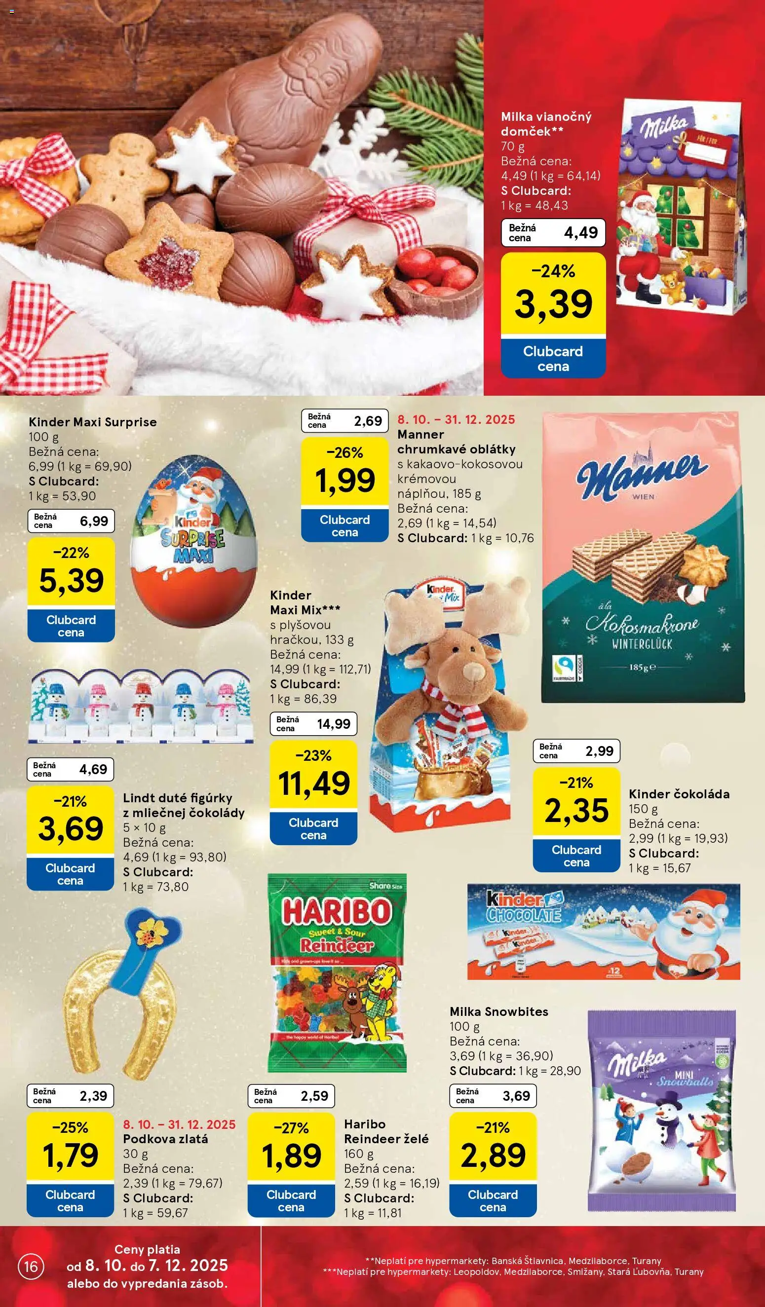 Nové Tesco akcie – leták je platný od 19.11.2025 | Strana: 16 | Produkty: Lindt, Kinder, Čokoláda, Milka
