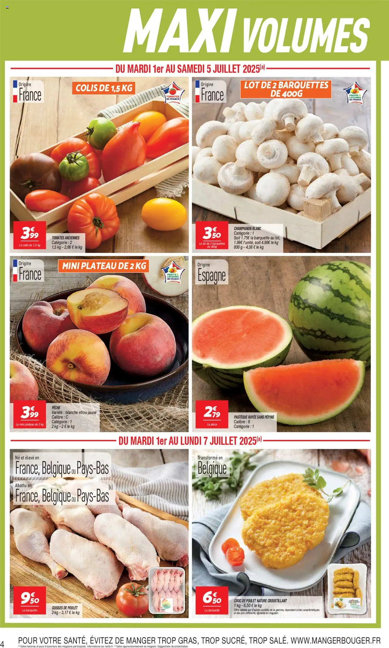  | Page: 4 | Produits: Cuisses de poulet, Pêche, Plateau, Tomates