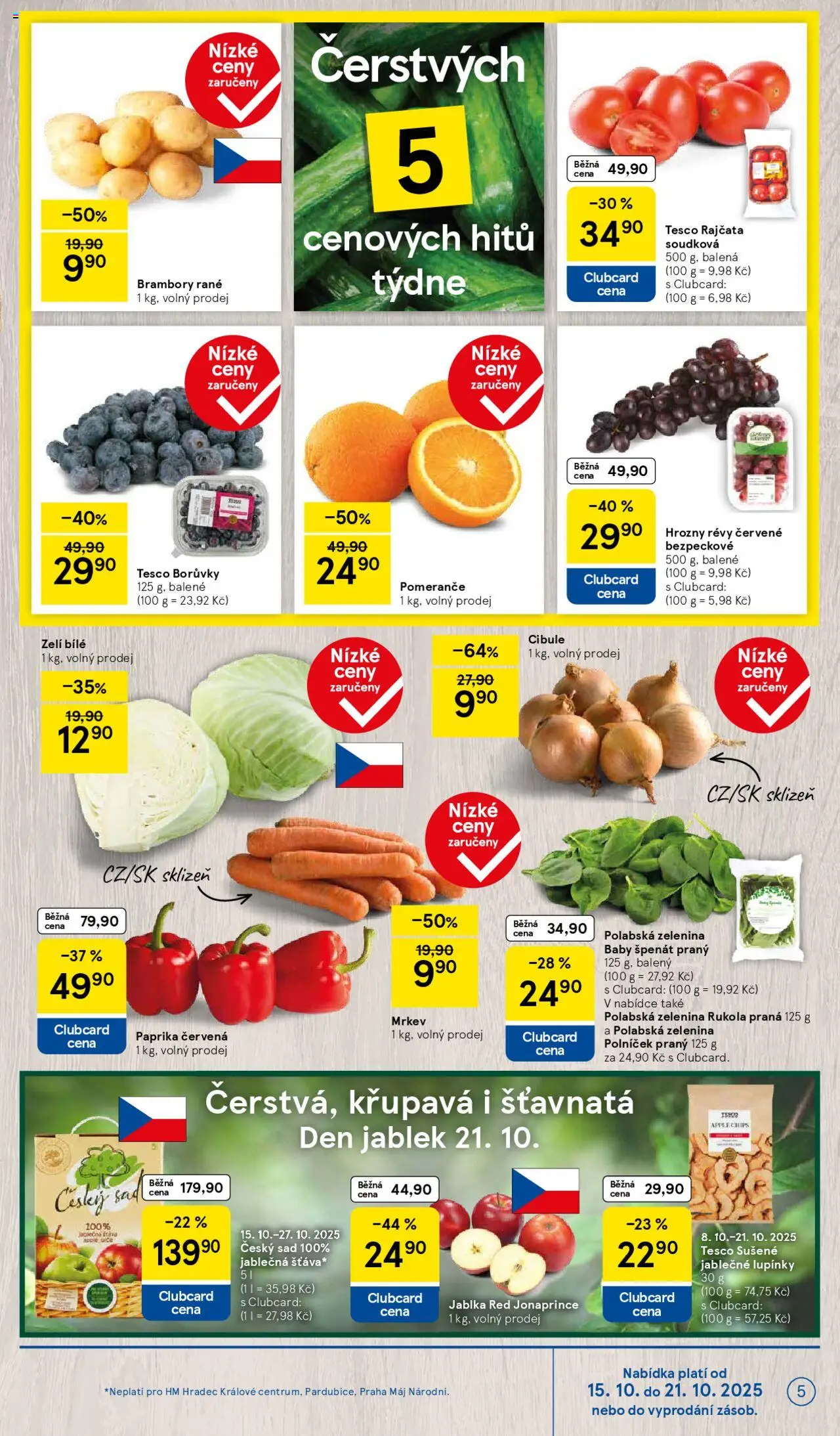 Tesco leták - Hypermarket od 15.10.2025 | Strana: 5 | Produkty: Jablka, Rajčata, Brambory, Rukola