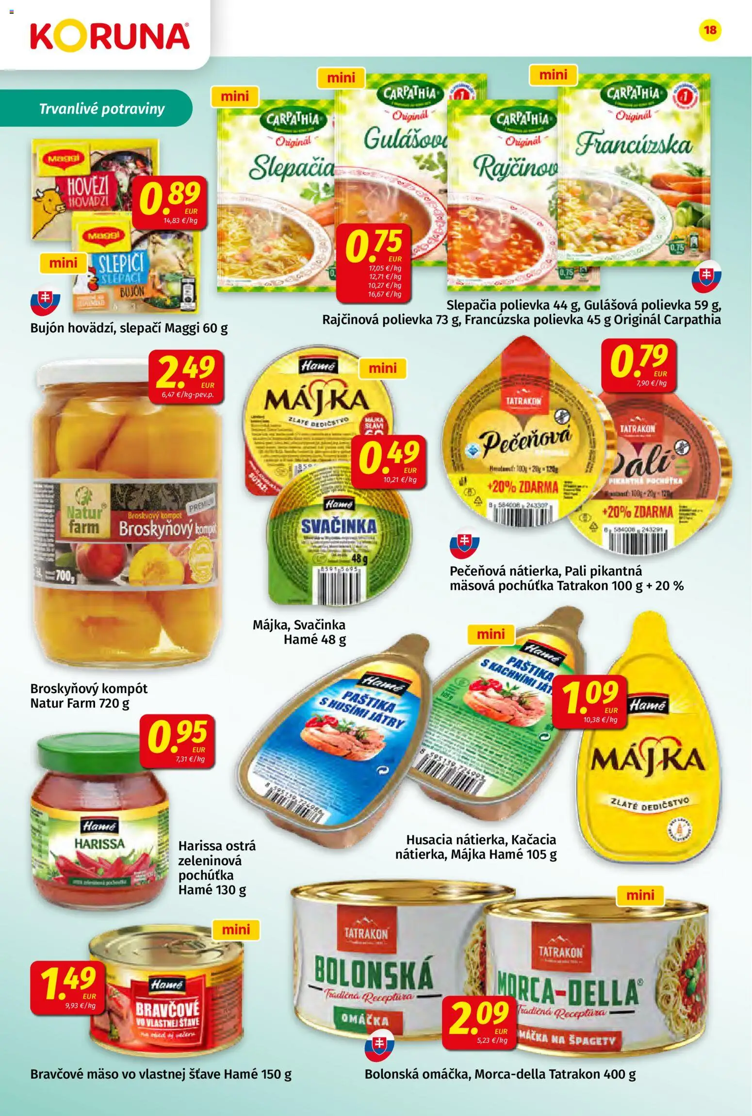 Nové Koruna akcie – leták je platný od 20.03.2026 | Strana: 18 | Produkty: Bujón, Broskyňový kompót, Bravčové mäso, Omáčka