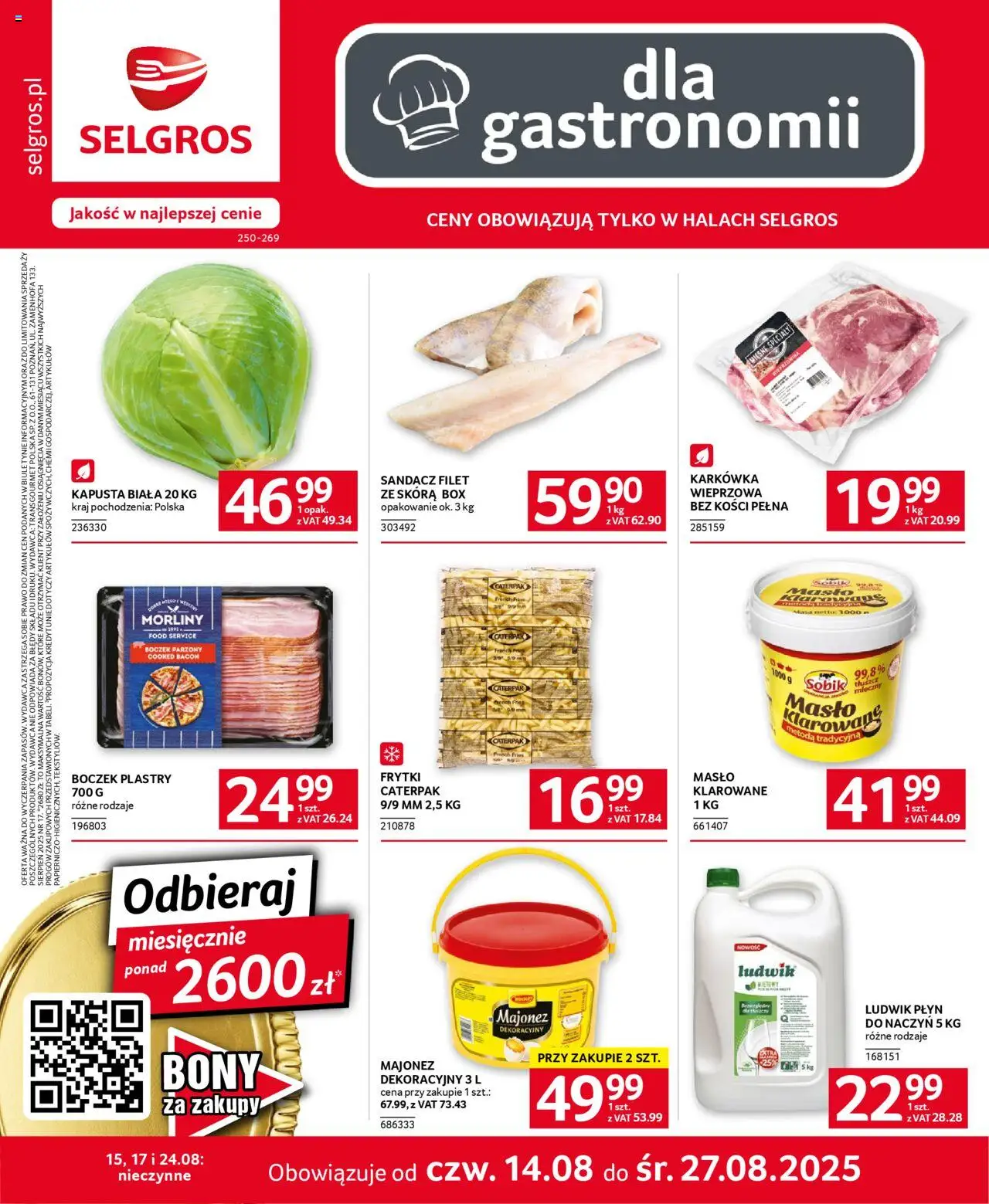 Selgros cash&carry Gazetka - Oferta dla gastronomii od 14.08.2025 | Strona: 1 | Produkty: Kapusta, Karkówka wieprzowa, Masło, Majonez