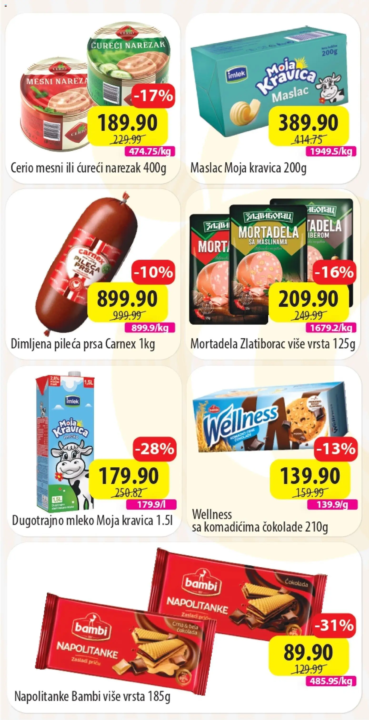 Senta Promet katalog - važi od 13.04.2026 | Strana: 2 | Proizvode: Maslac, Moja kravica, Dimljena pileća prsa, Napolitanke