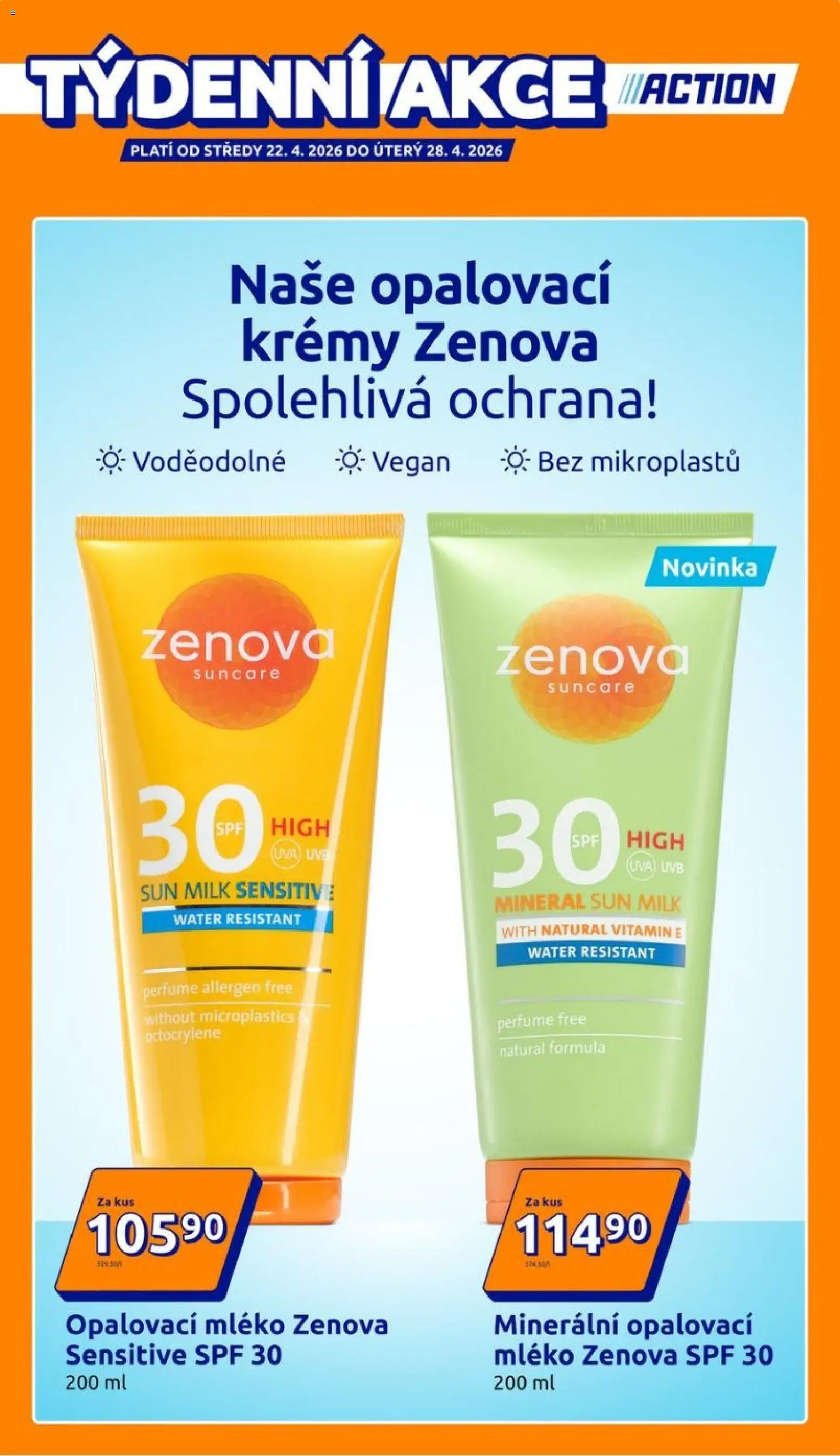 Action leták od 22.04.2026 | Strana: 1 | Produkty: Vegan, Mléko, Opalovací krémy