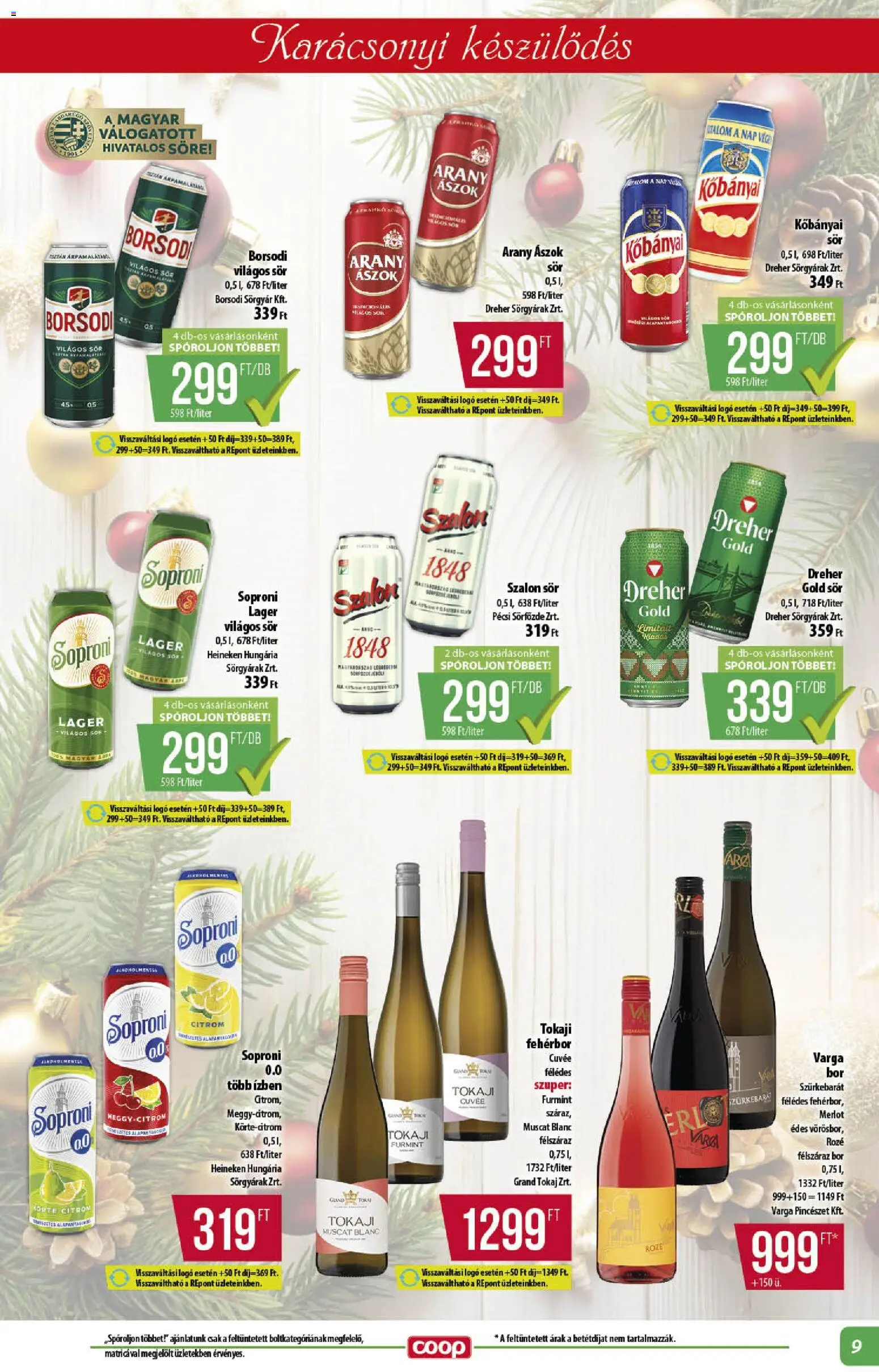 COOP akciós ujság - amely érvényes a következő dátumtól: 11.12.2025 | Oldal: 9 | Termékek: Heineken, Arany ászok, Sör, Fehérbor