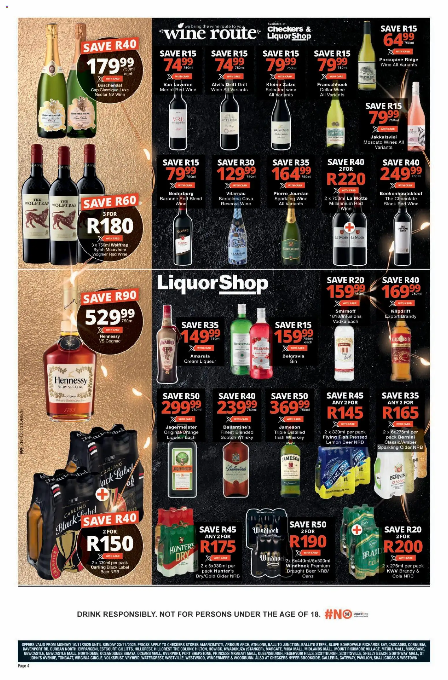 New Checkers catalogue – valid from 10.11.2025 | Page: 4 | Products: Cider, Chocolate, Wine, Vodka