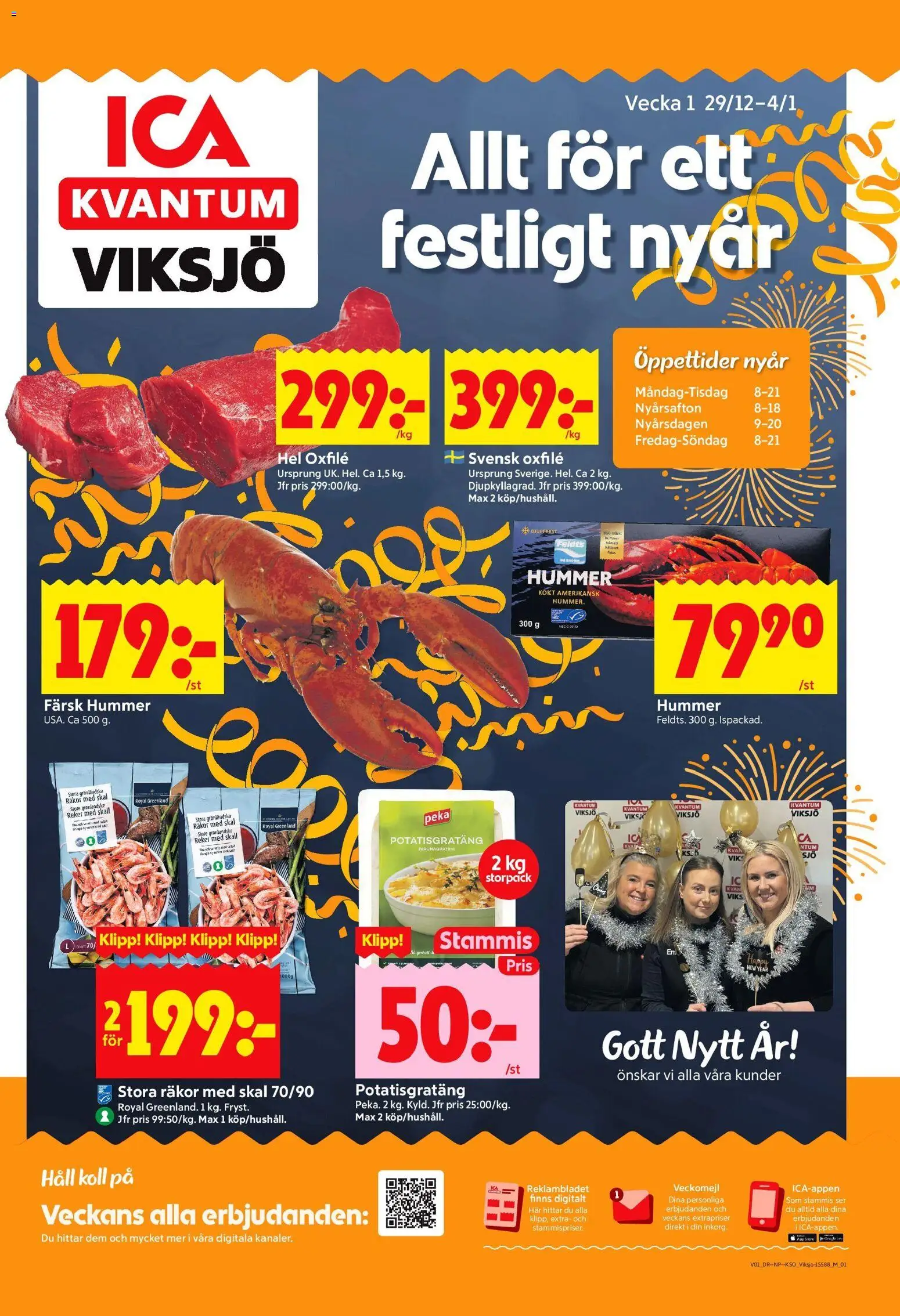 ICA Kvantum reklamblad aktuell från 30.12.2025 | Sida: 1 | Produkter: Räkor, Potatisgratäng, Oxfilé, Häll