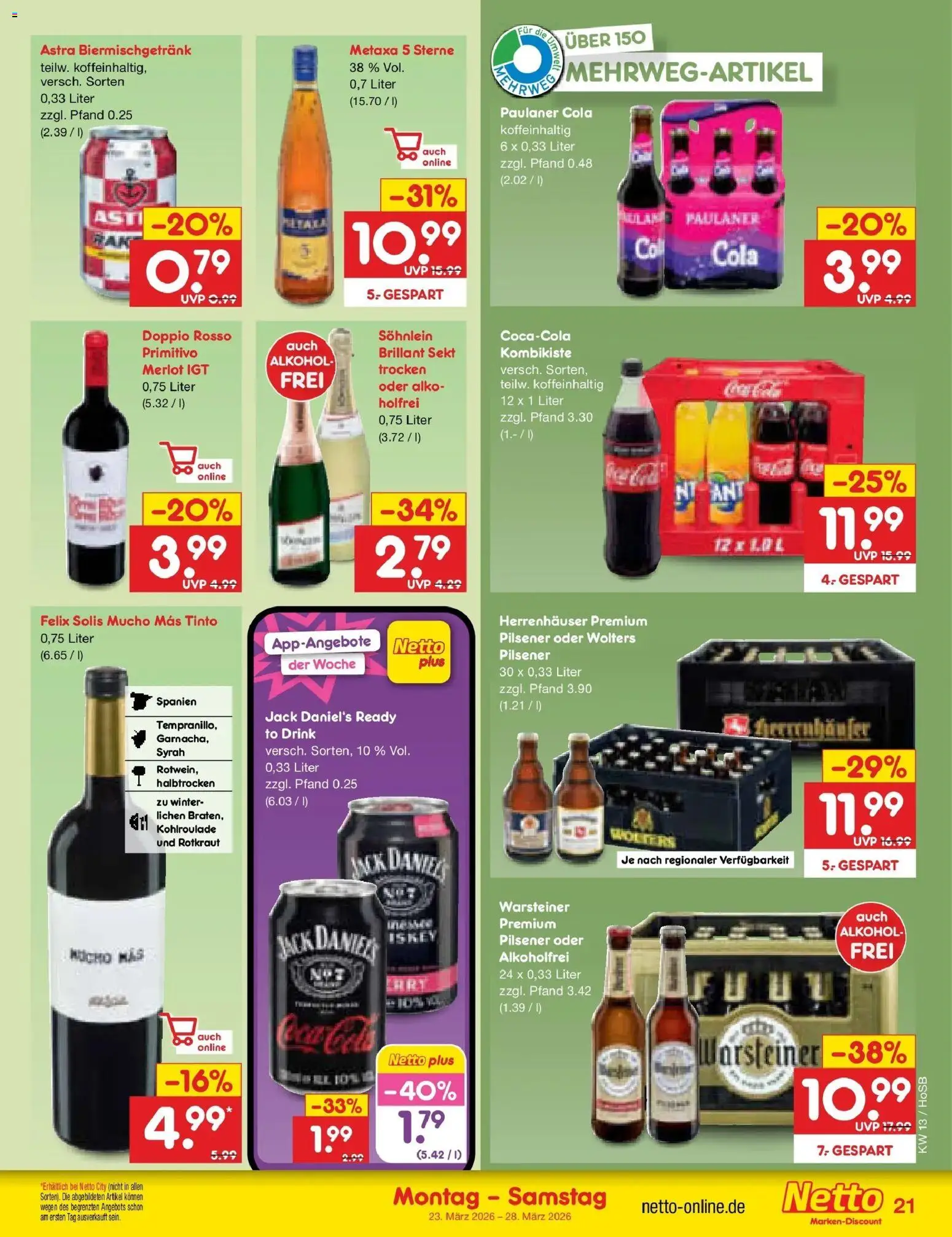 Netto Marken-Discount Prospekt Hannover	 – gültig ab 23.03.2026 | Seite: 23 | Produkte: Merlot, Astra, Metaxa, Warsteiner
