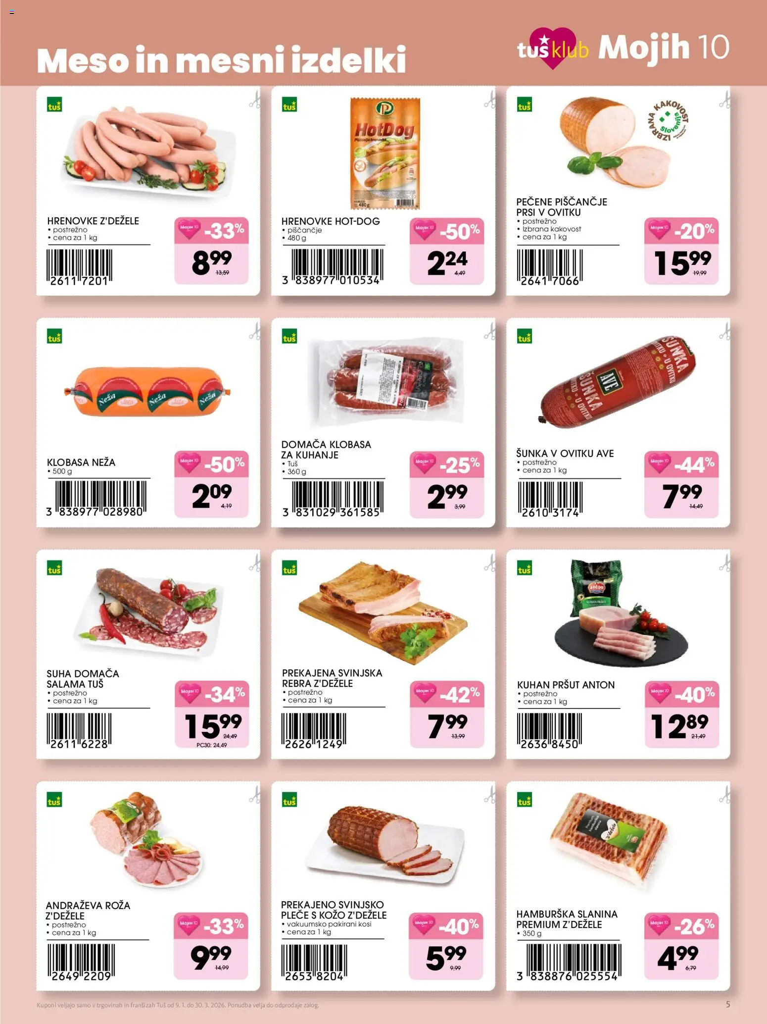 Novi Tuš katalog ponudbe – veljaven od 09.01.2026 | Stran: 5 | Izdelki: Prsi v ovitku, Slanina, Salama, Sunka