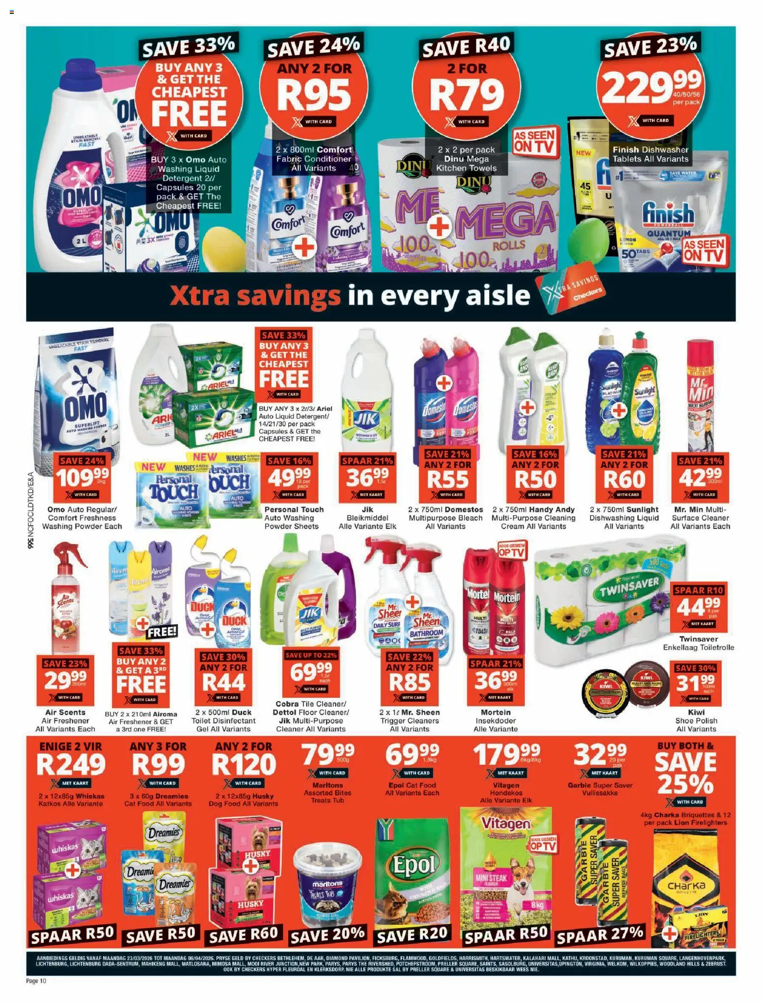 New Checkers catalogue – valid from 23.03.2026 | Page: 10 | Products: Toilet, Surface cleaner, Refuse bags, Cat food