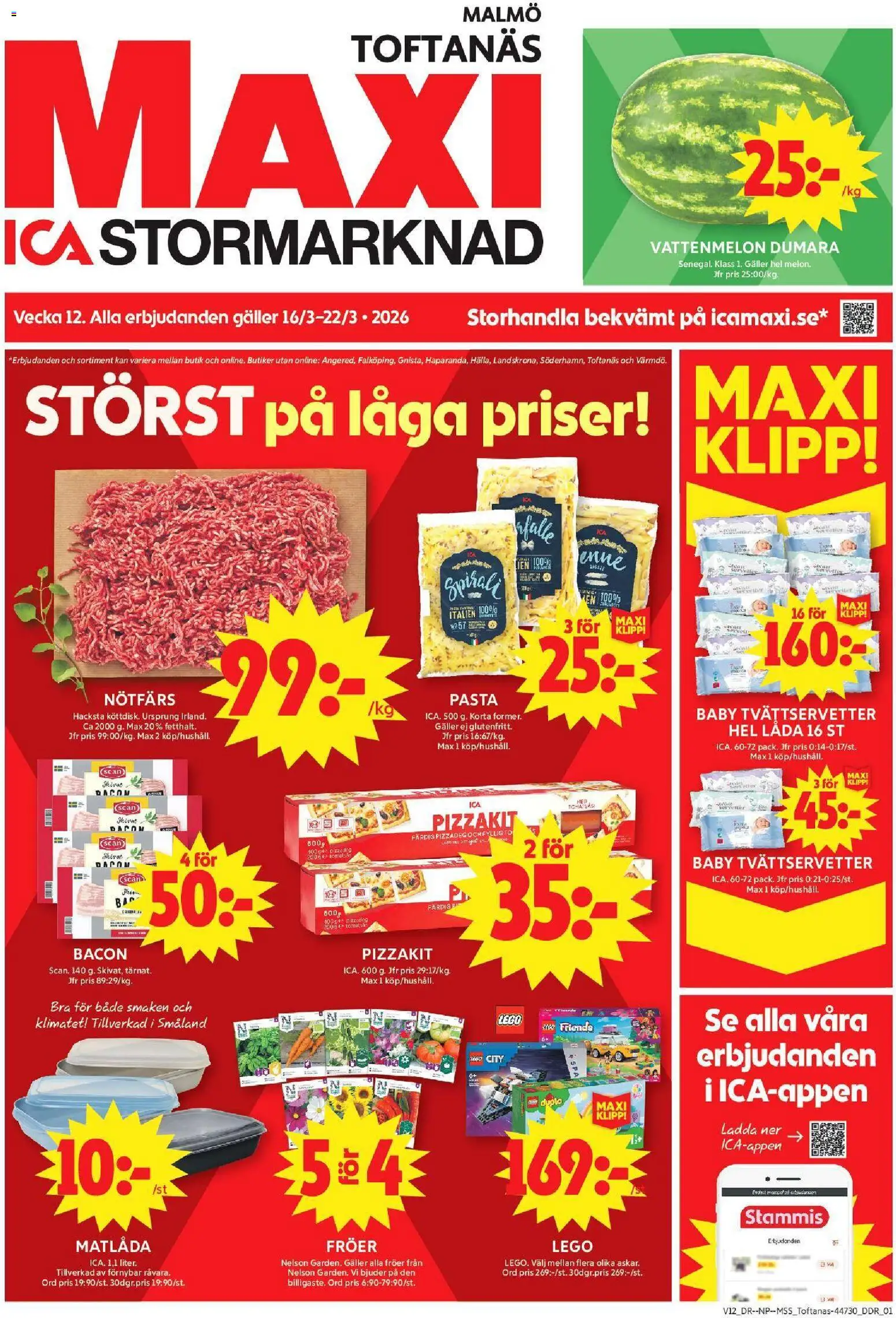 ICA Maxi reklamblad aktuell från 16.03.2026 | Sida: 1 | Produkter: Bacon, Nötfärs, Galler, Pizzakit