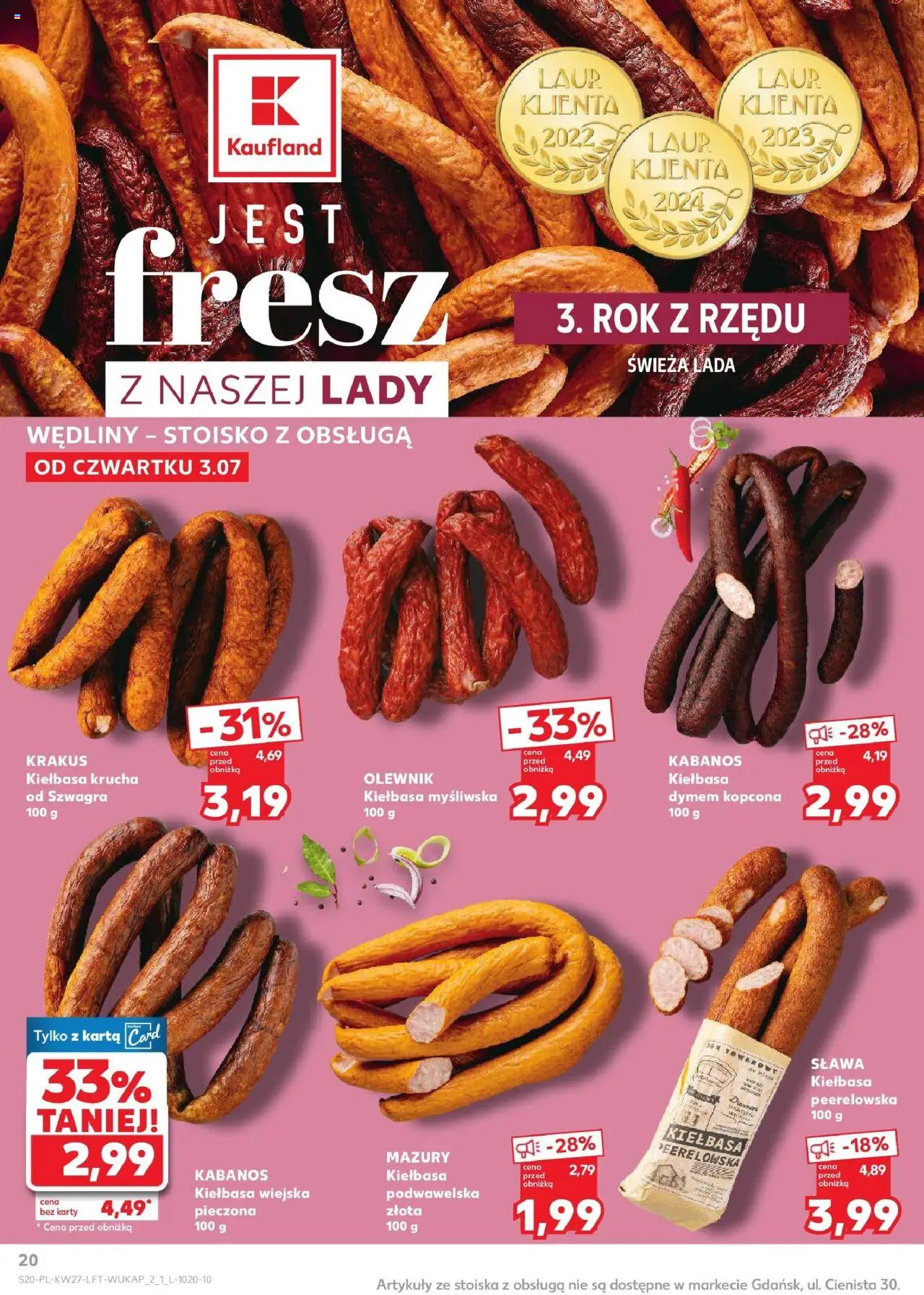 Kaufland gazetka od 03.07.2025 | Strona: 20 | Produkty: Kiełbasa, Karta, Kiełbasa podwawelska, Wędliny