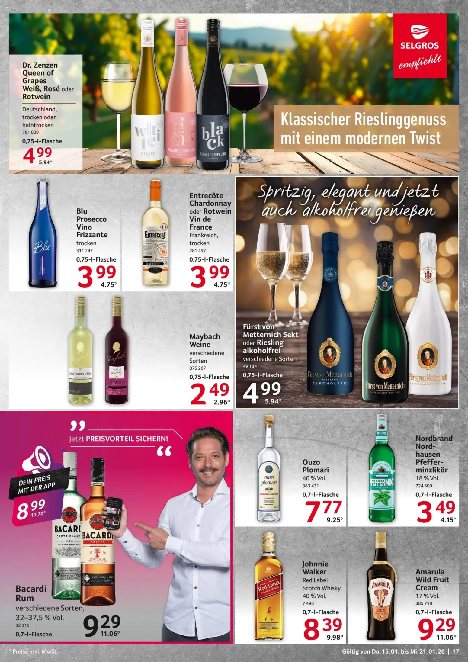 Selgros Prospekt 	 – gültig ab 15.01.2026 | Seite: 17 | Produkte: Bacardi, Ouzo, Rotwein, Entrecote