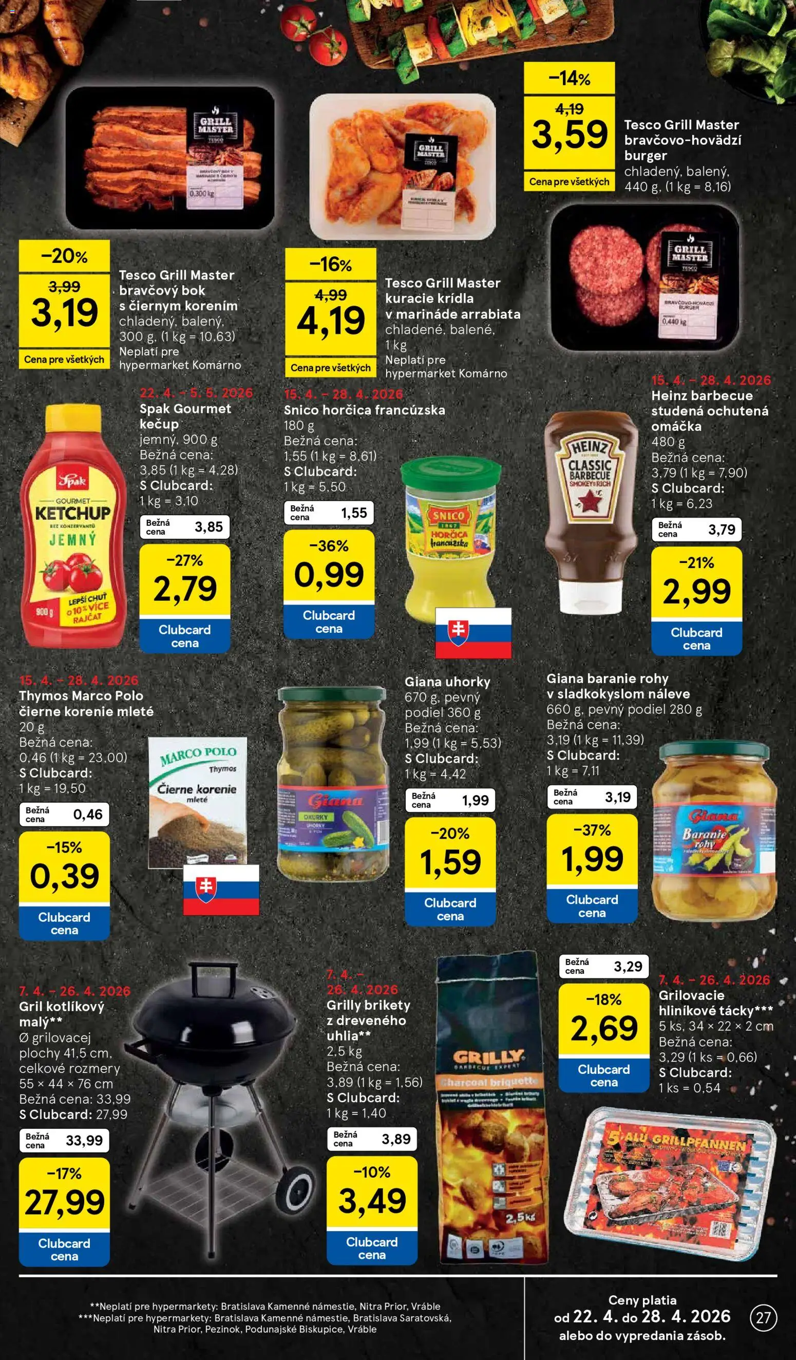 Nové Tesco akcie – leták je platný od 22.04.2026 | Strana: 27 | Produkty: Gril, Čierne korenie, Omáčka, Brikety