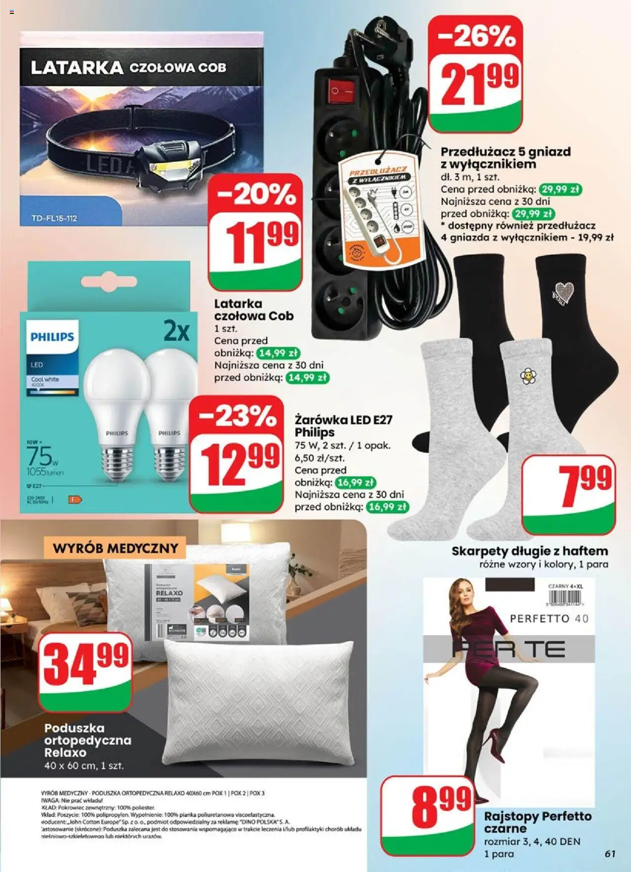 Dino Gazetka od 01.10.2025 | Strona: 61 | Produkty: Skarpety, Rajstopy, Poduszka, Przedłużacz