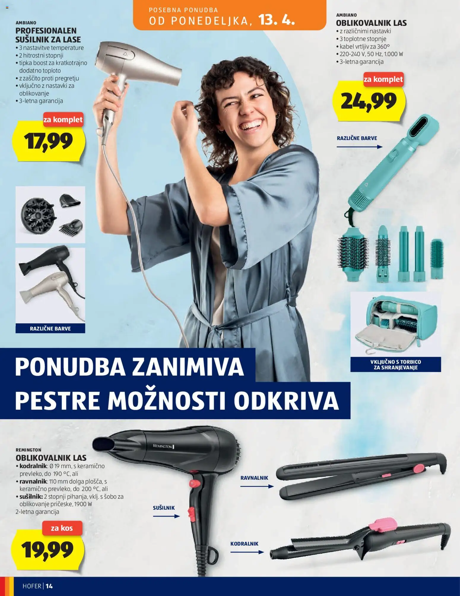 Novi Hofer katalog ponudbe – veljaven od 08.04.2026 | Stran: 14 | Izdelki: Kabel, Kodralnik, Kos, Sušilnik za lase