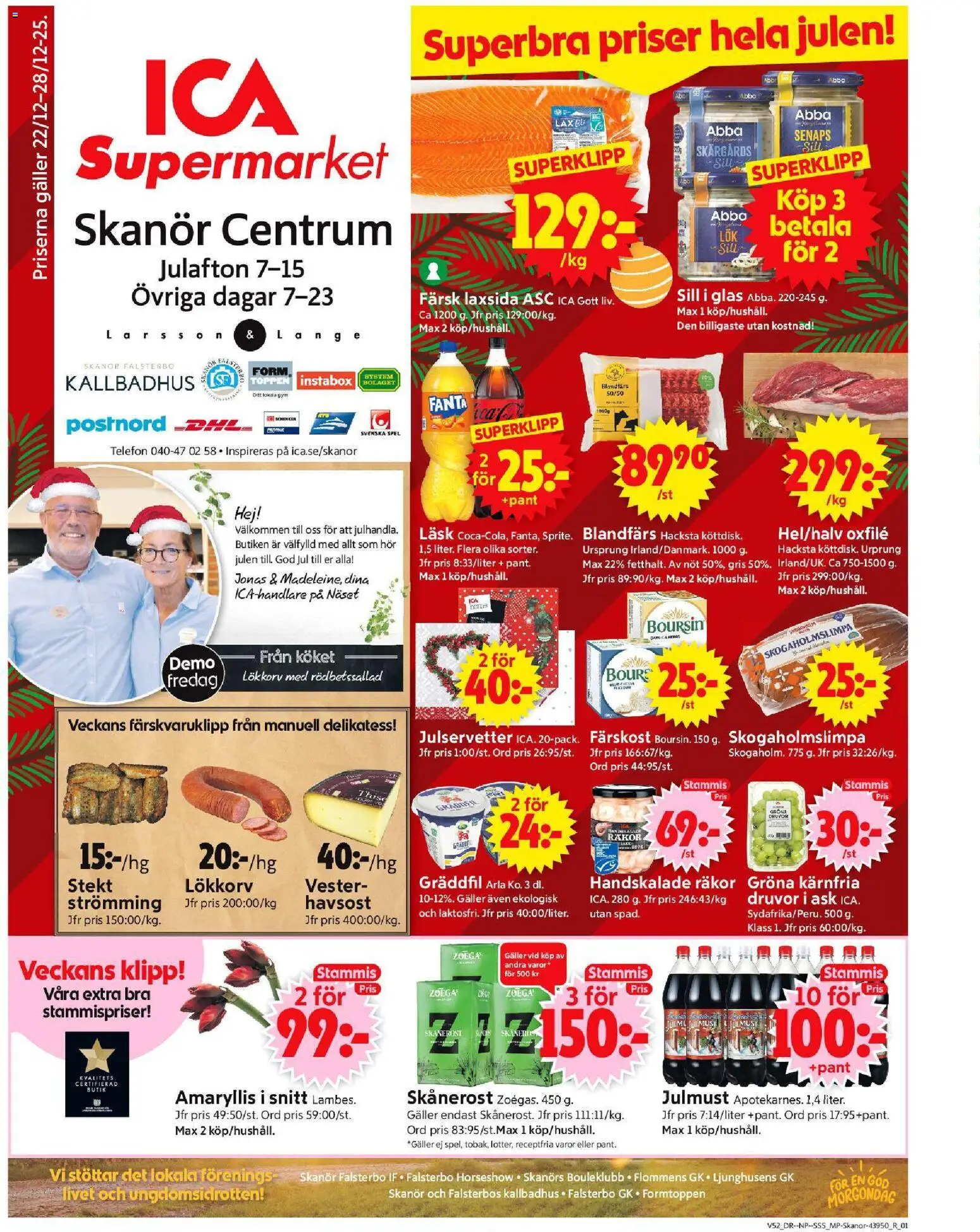 ICA Supermarket reklamblad aktuell från 22.12.2025 | Sida: 1 | Produkter: Galler, Räkor, Gräddfil, Telefon