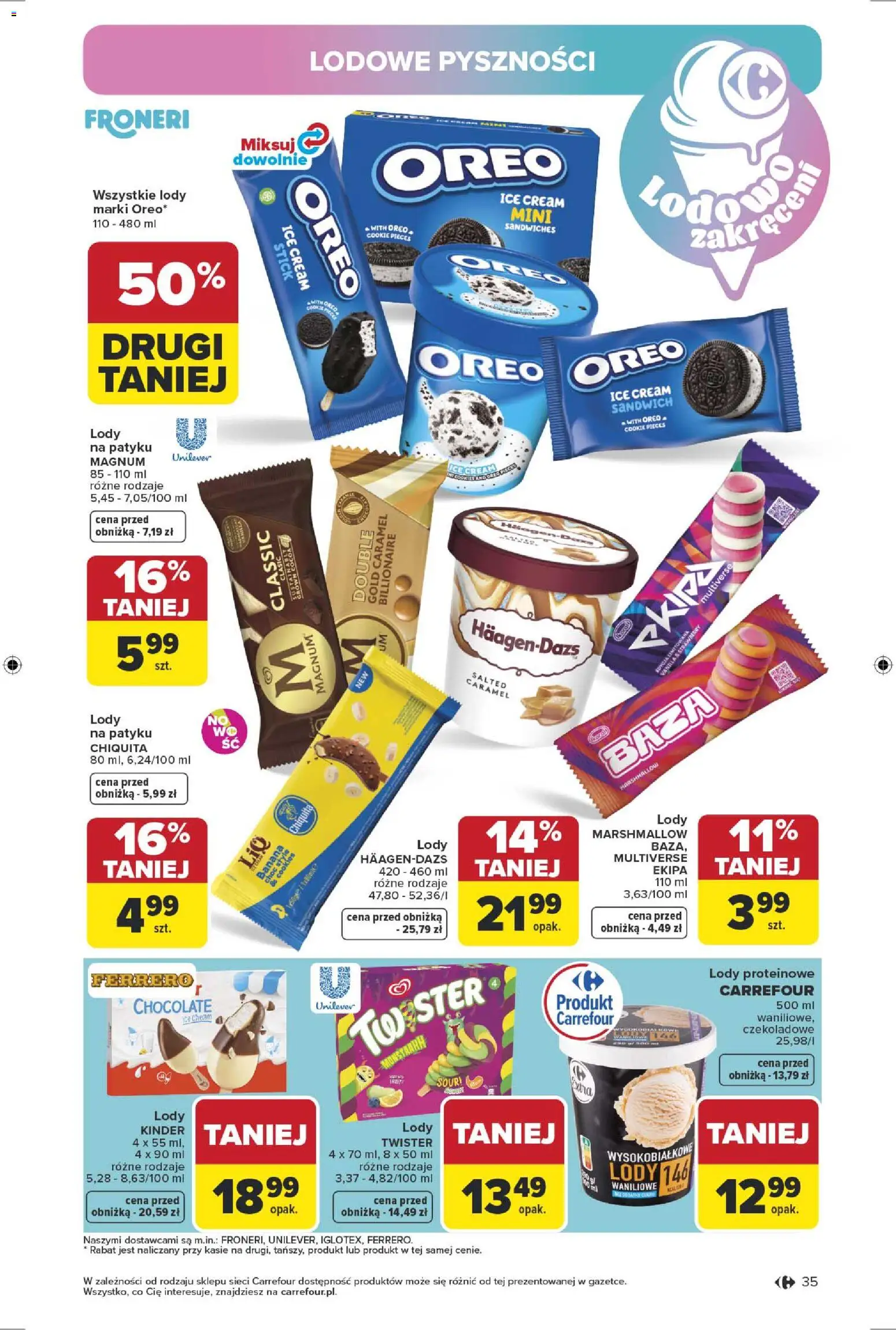 Carrefour gazetka od 13.04.2026 | Strona: 37 | Produkty: Sandwich, Lody na patyku, Lody proteinowe, Lody
