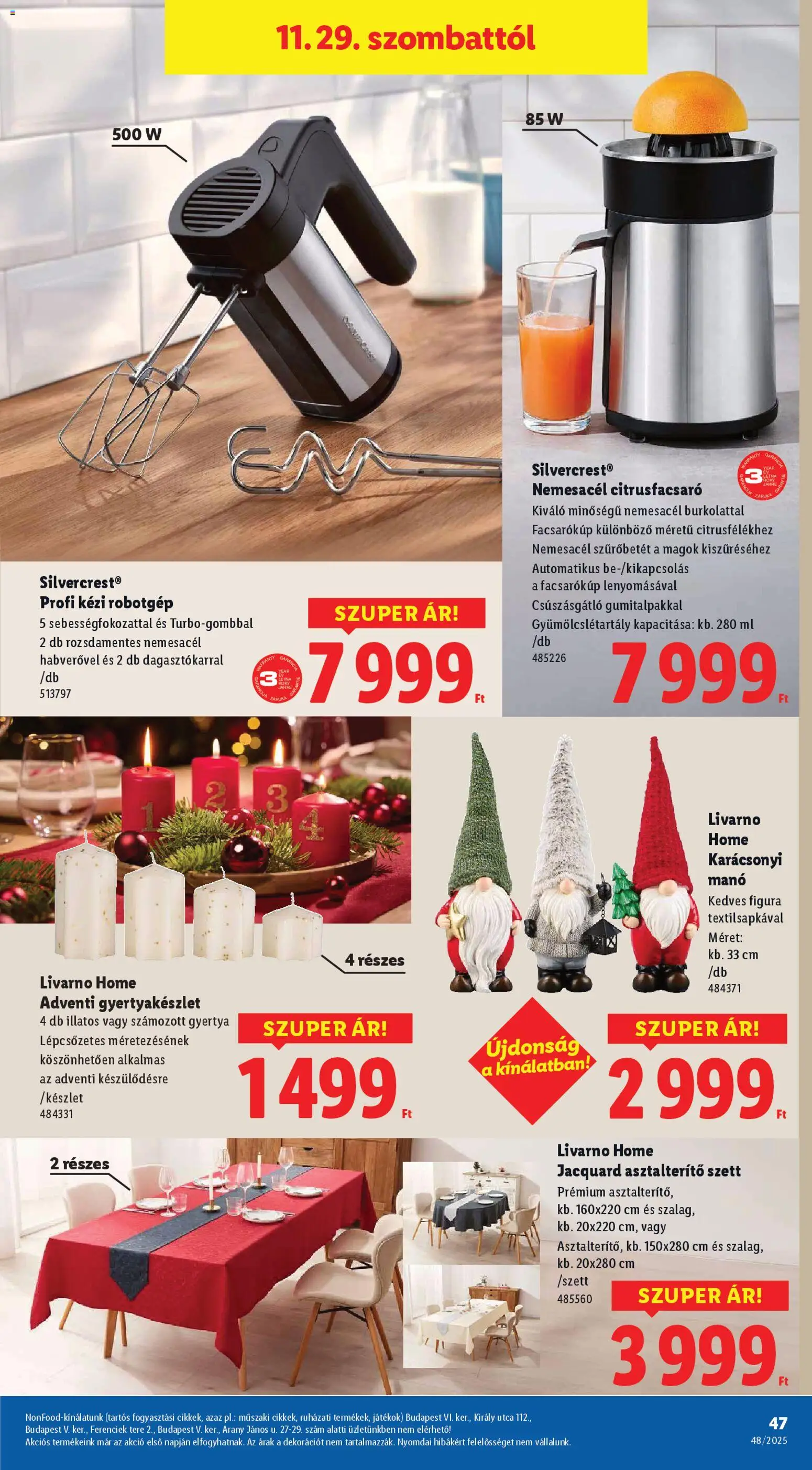 Lidl akciós ujság - amely érvényes a következő dátumtól: 27.11.2025 | Oldal: 47 | Termékek: Robotgép, Játékok, Asztalterítő, Gyertya