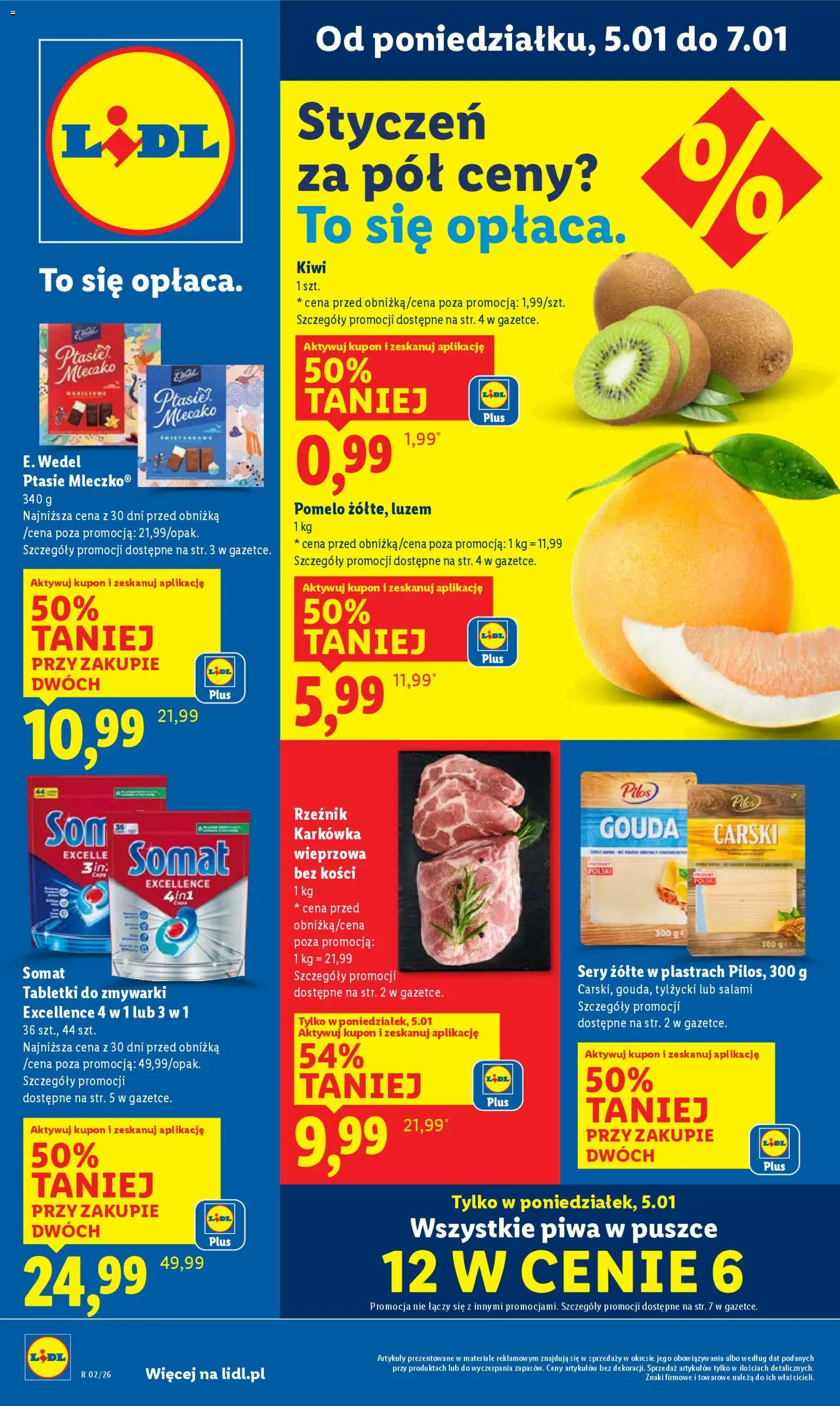 Lidl Gazetka od 05.01.2026 | Strona: 1 | Produkty: Karkówka wieprzowa, Pomelo, Salami, Tabletki do zmywarki