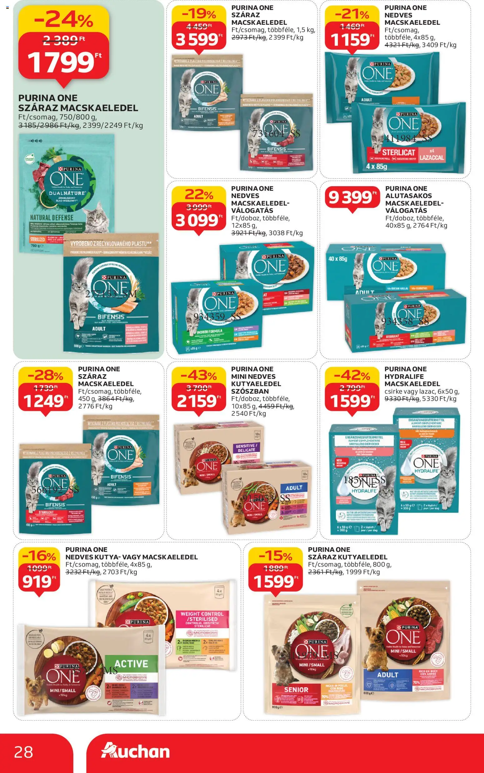 Auchan akciós ujság - amely érvényes a következő dátumtól: 15.01.2026 | Oldal: 28 | Termékek: Macskaeledel, Kutyaeledel, Purina one