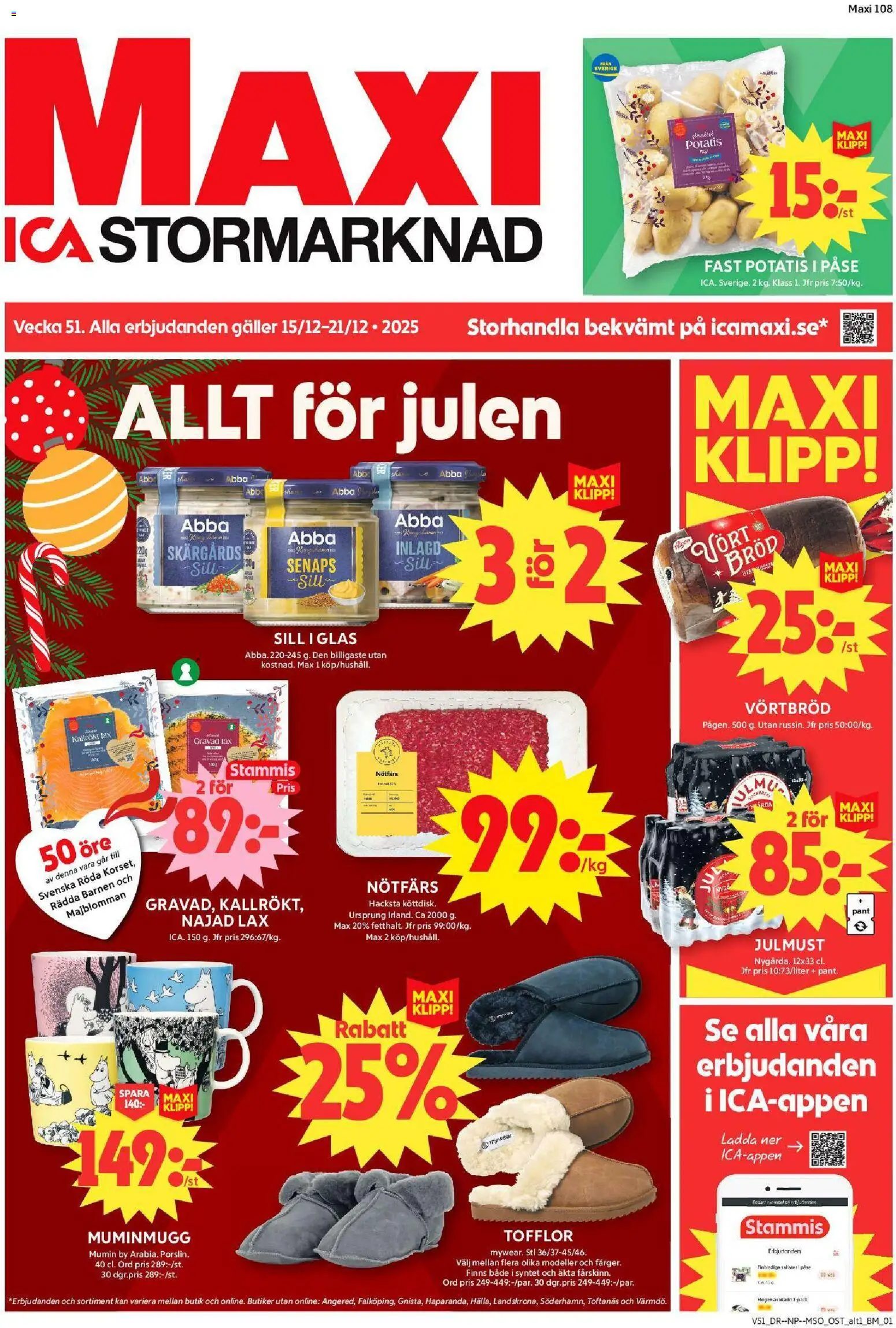 ICA Maxi reklamblad aktuell från 15.12.2025 | Sida: 1 | Produkter: Nötfärs, Sill, Lax, Bröd