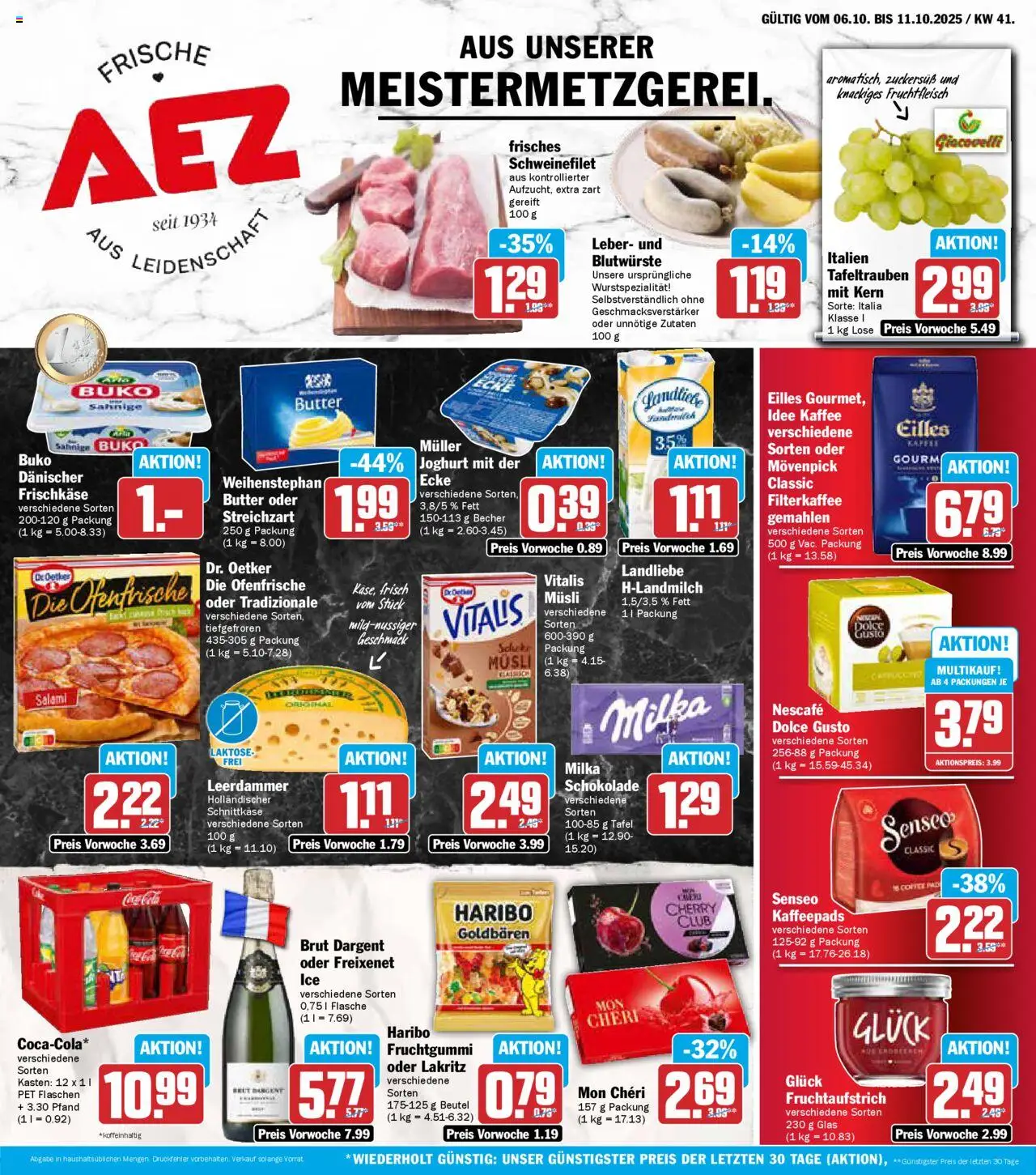 AEZ Prospekt 	 – gültig ab 06.10.2025 | Seite: 1 | Produkte: Schokolade, Milka, Leerdammer, Schweinefilet