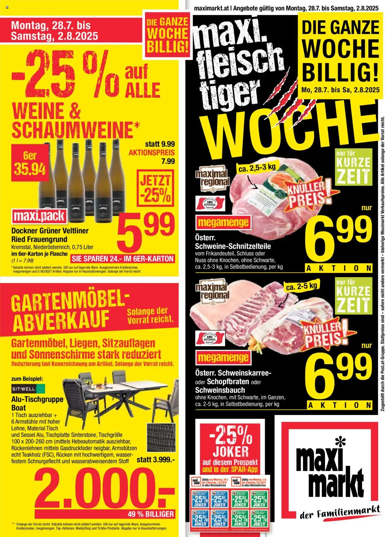 Maximarkt Flugblatt gültig ab 28.07.2025 | Seite: 1 | Produkte: Wasser, Sessel, Tisch, Gartenmöbel