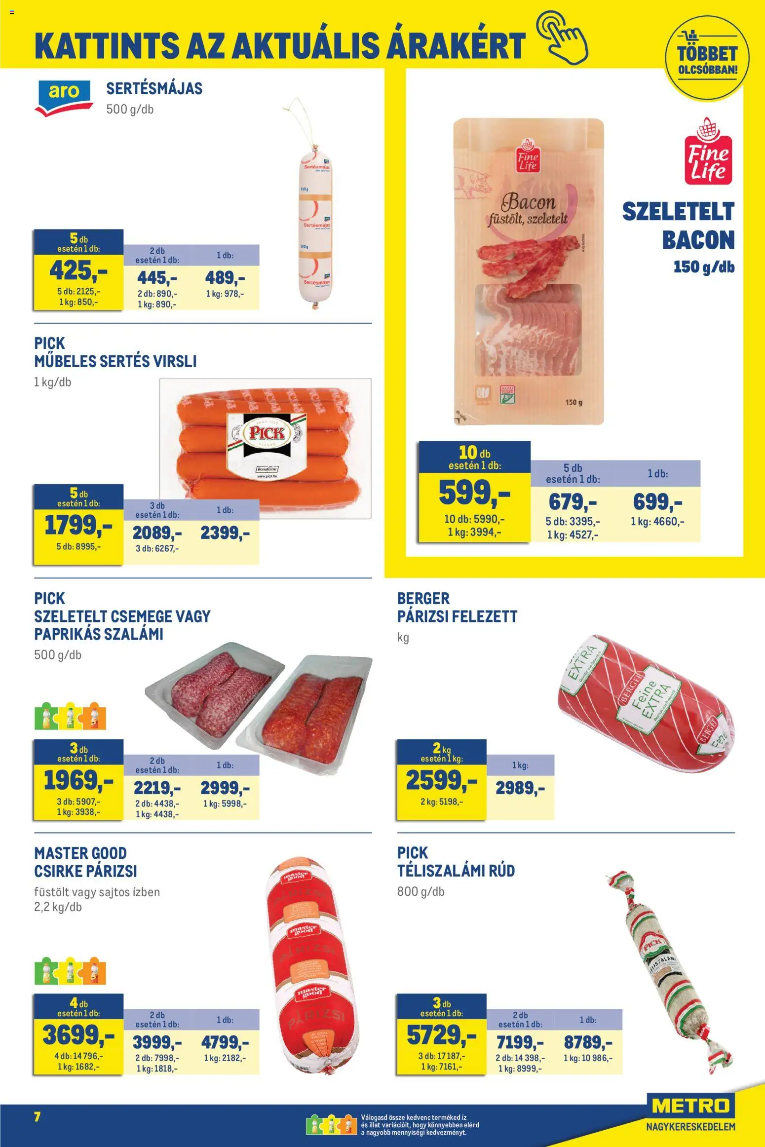 Metro akciós ujság - amely érvényes a következő dátumtól: 02.05.2026 | Oldal: 7 | Termékek: Virsli, Pick, Bacon, Szalámi