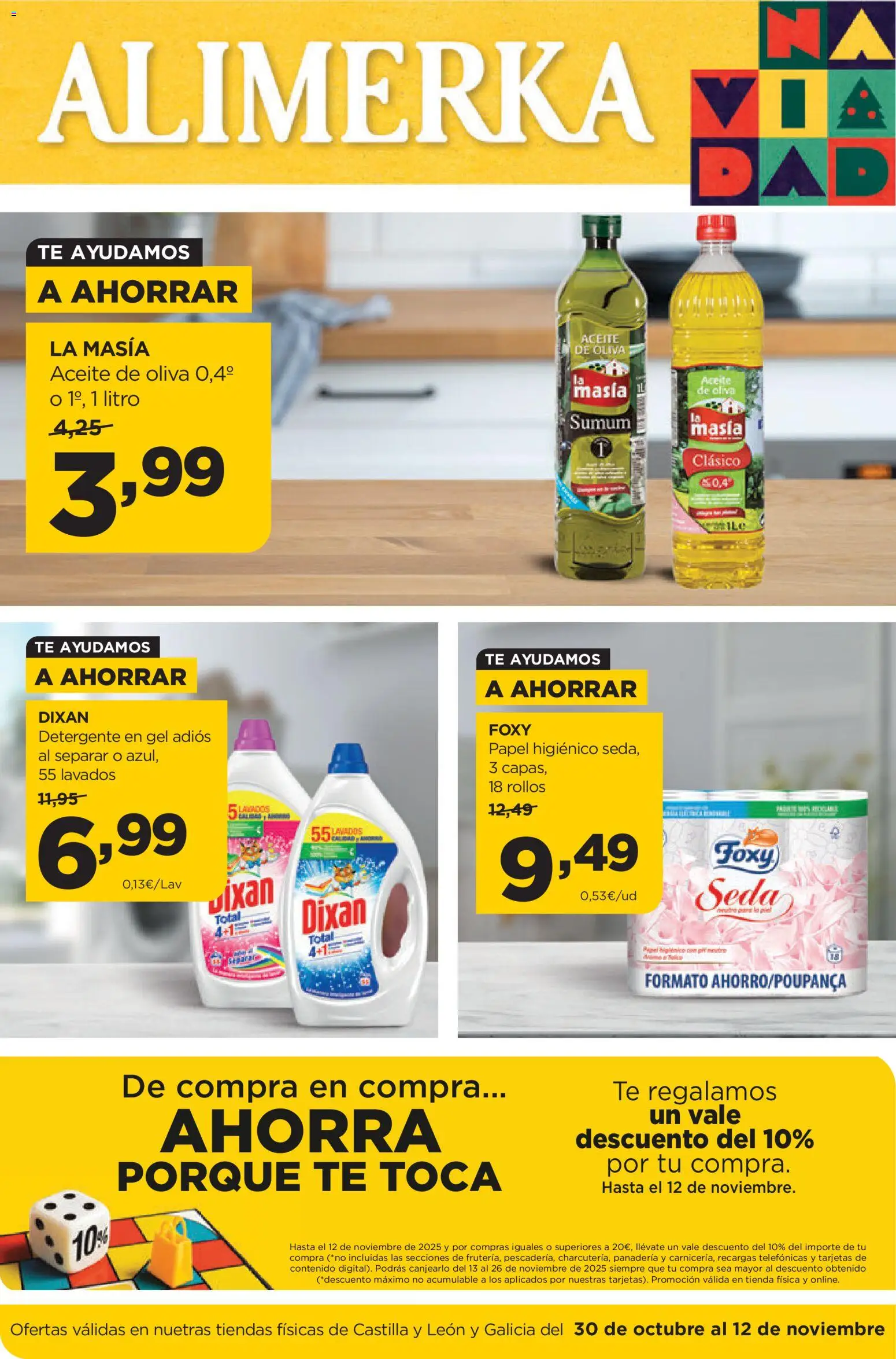 Alimerka folleto Castilla y León │ válido desde el 30.10.2025 | Página: 1 | Productos: Detergente, Aceite, Papel higienico, Té