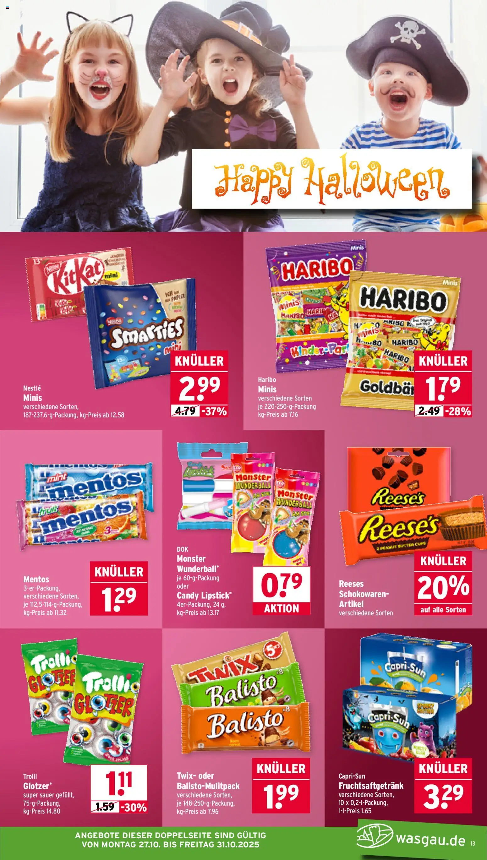 Wasgau Prospekt 	 – gültig ab 27.10.2025 | Seite: 13 | Produkte: Haribo, Smarties, Twix, Monster