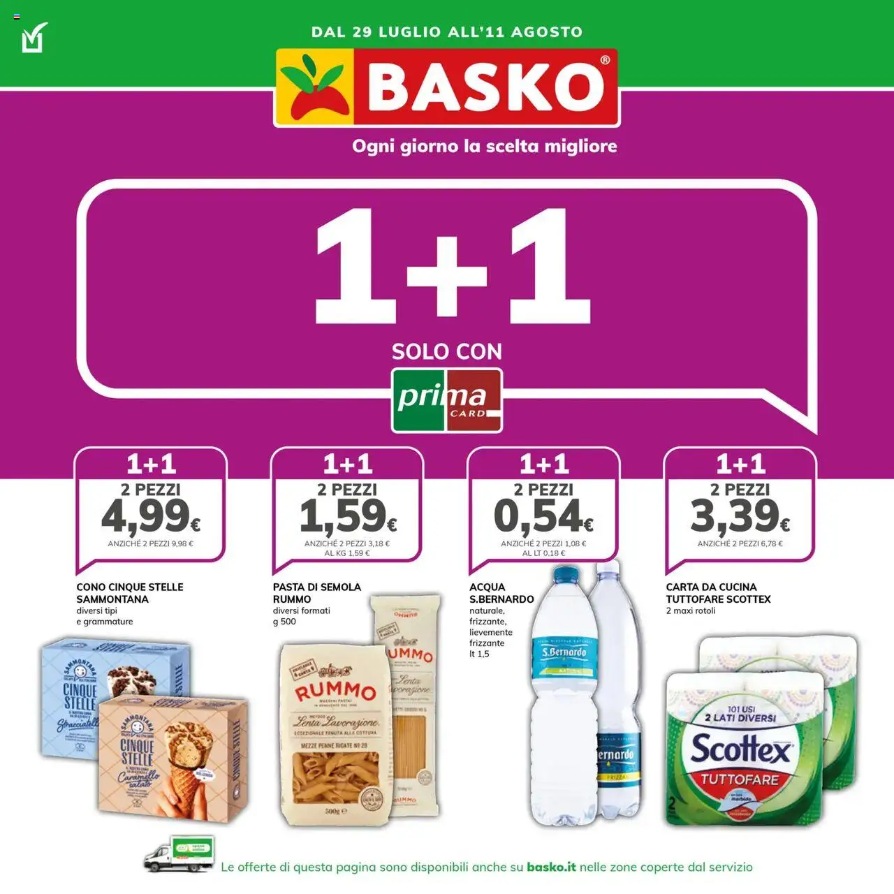 Volantino Basko del 29.07.2025 | Pagina: 1 | Prodotti: Acqua, Pasta, Penne, Stracciatella