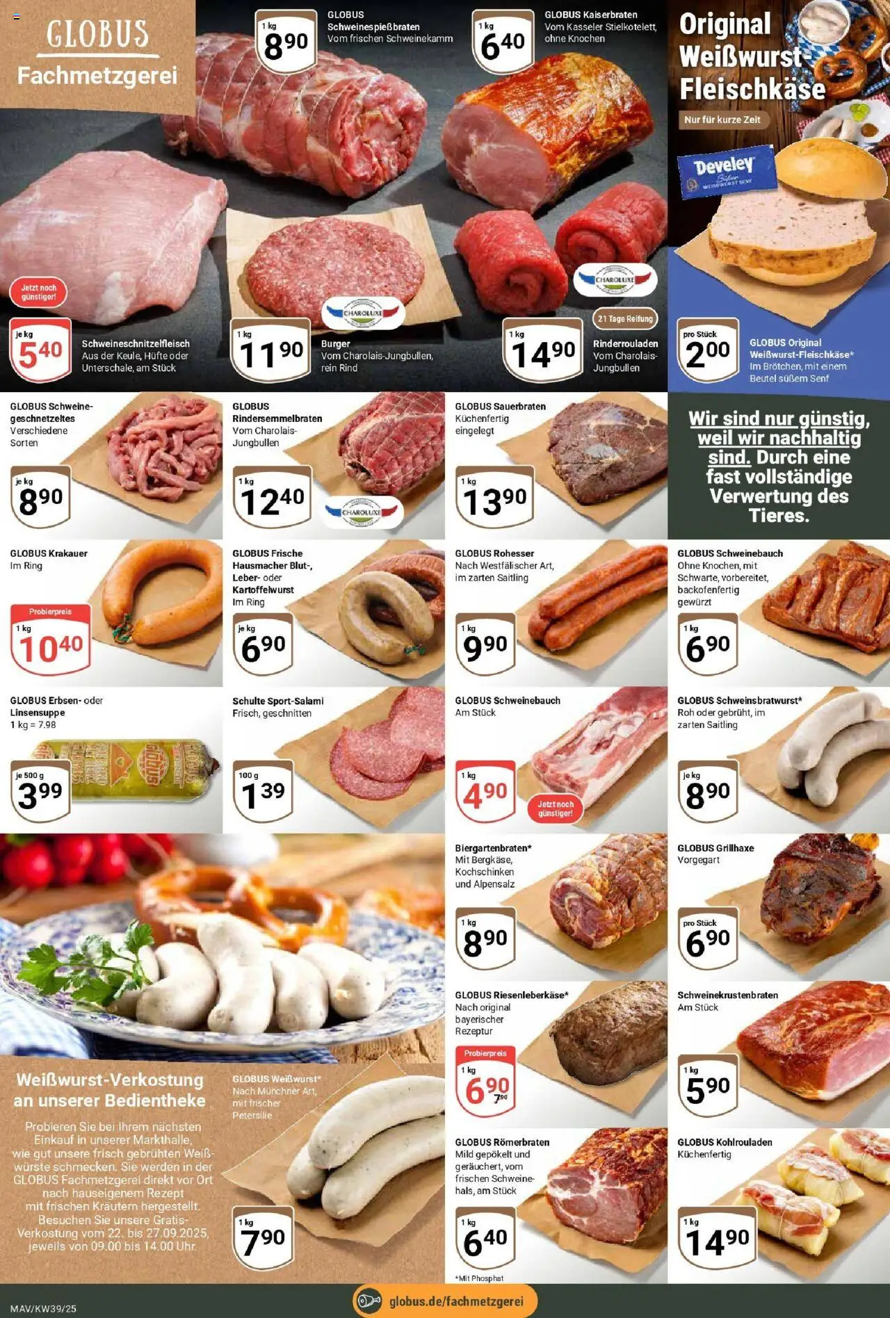 Globus prospekt Mannheim	 – gültig ab 21.09.2025 | Seite: 10 | Produkte: Schweinebauch, Burger, Weißwurst, Erbsen