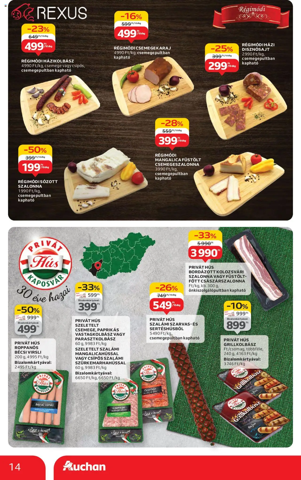 Auchan akciós ujság - amely érvényes a következő dátumtól: 14.08.2025 | Oldal: 14 | Termékek: Grillkolbász, Hús, Vastagkolbász, Szalámi
