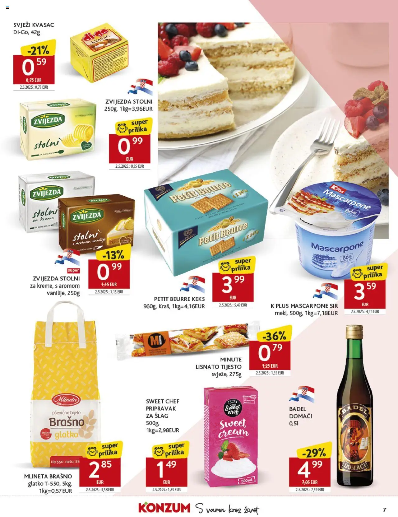 Konzum katalog | vrijedi od 22.10.2025 | Stranica: 7 | Proizvodi: Mascarpone, Sir, Brašno, Šlag