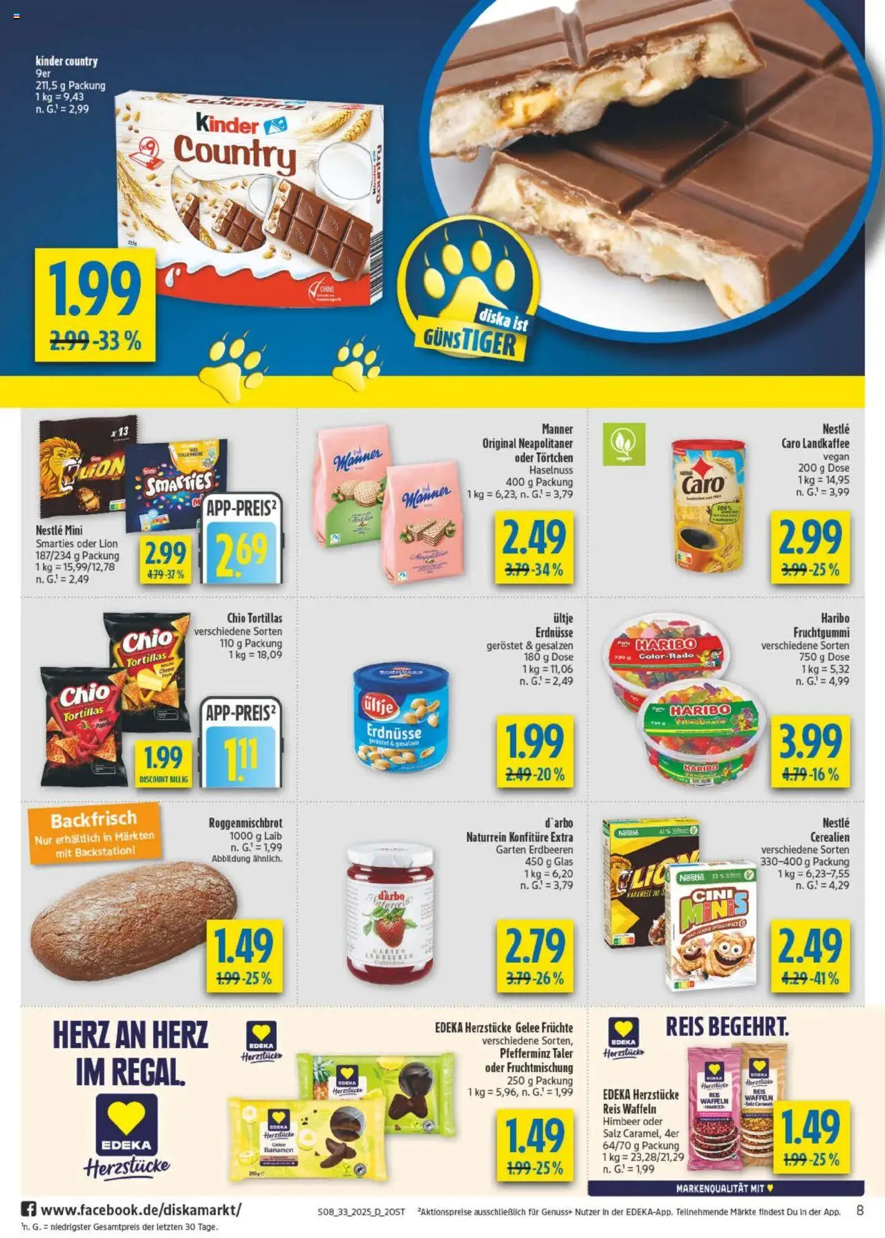 Diska Prospekt 	 - gültig ab dem 11.08.2025 | Seite: 8 | Produkte: Erdnüsse, Haribo, Waffeln, Chio tortillas