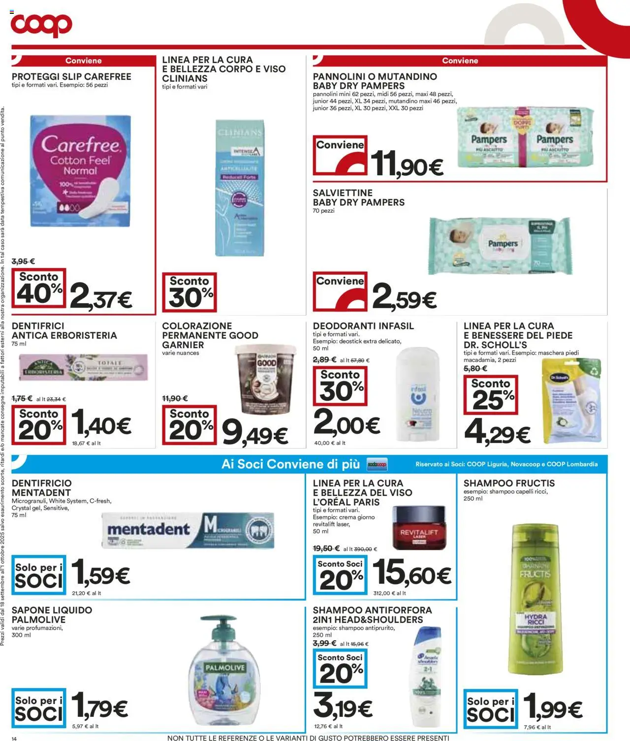 Volantino COOP del 18.09.2025 | Pagina: 14 | Prodotti: Shampoo, Crema, Pannolini, Dentifricio