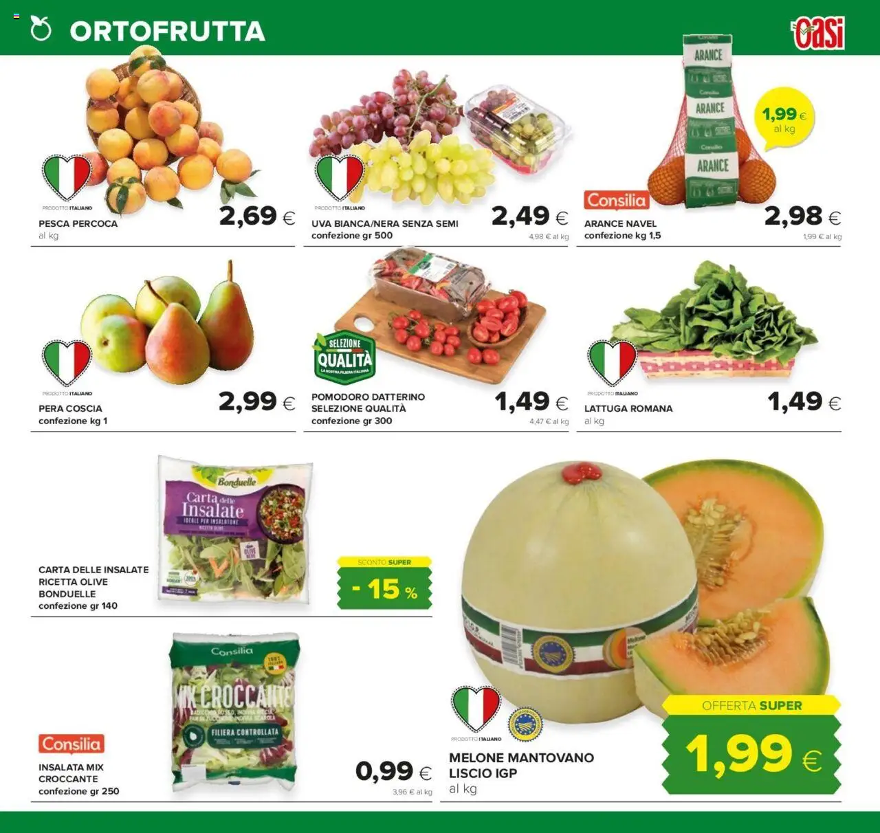 Volantino Oasi del 07.08.2025 | Pagina: 5 | Prodotti: Insalata, Pomodoro, Olive, Pesca