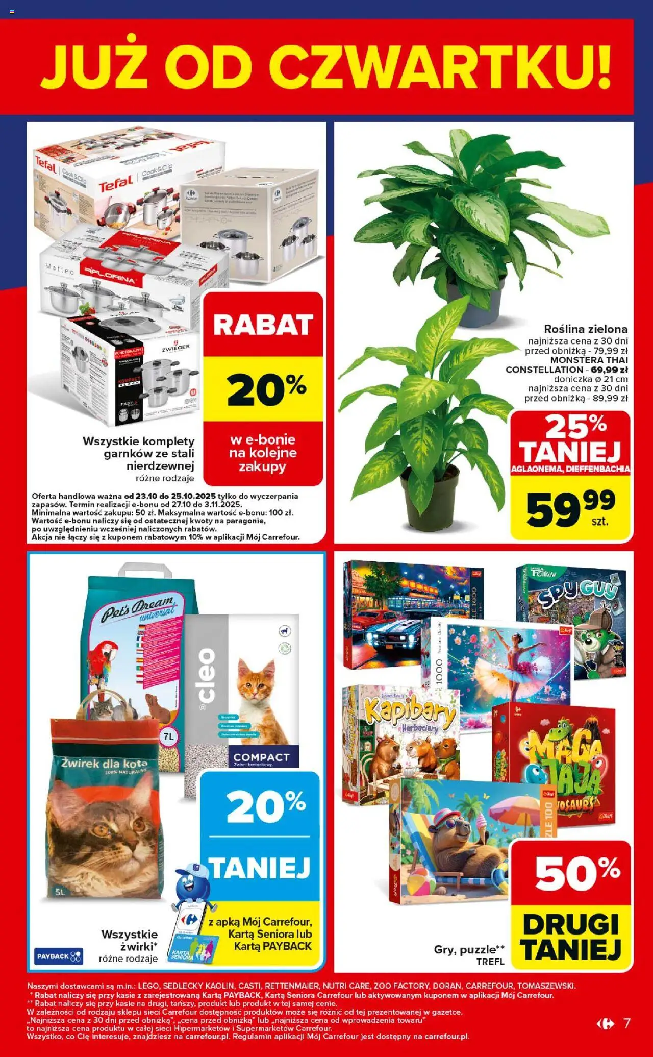 Carrefour Gazetka - Weekend okazji już od czwartku od 23.10.2025 | Strona: 7 | Produkty: Karta, Doniczka, Żwirek bentonitowy, Tefal
